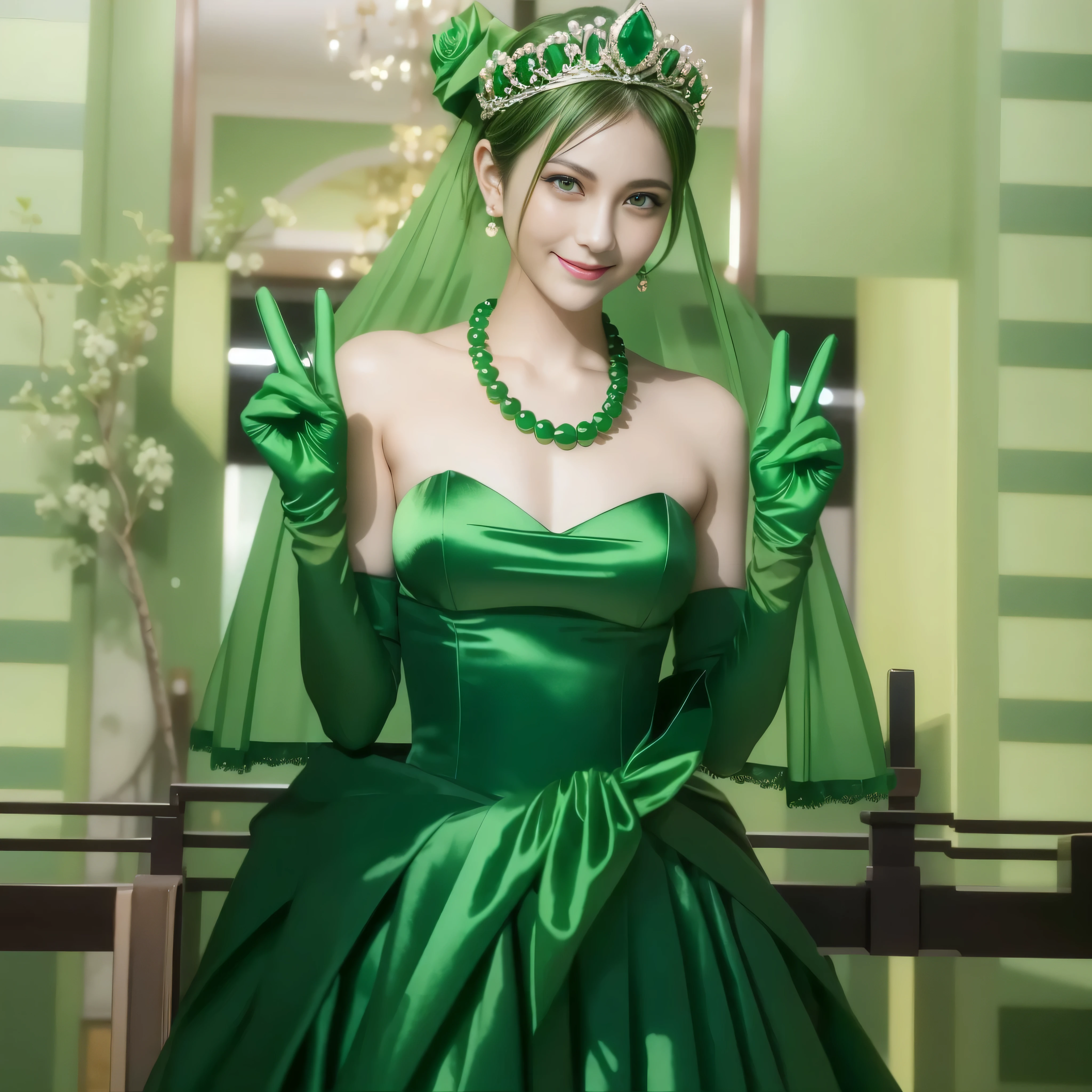 emerald tiara, green pearl necklace, Boyish green berry short hair, lipstick, Smiling Japan woman, very short hair, big breasts beautiful, green eyes, Green long gloves made of satin material, green eyes, V sign, emerald earrings, 30 generation women