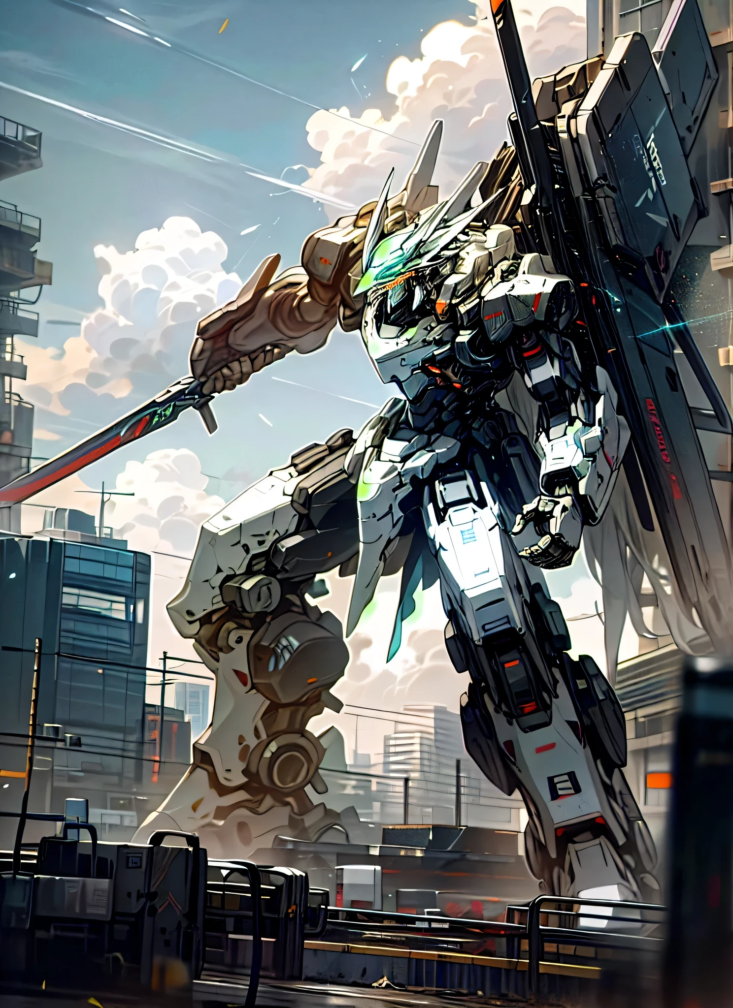 Sky, Clouds, holding_weapon, no_humans, Glow, Robot, Building, glowing_eyes, Mecha, Science Fiction, City, Reality, Mecha, Battle Stance