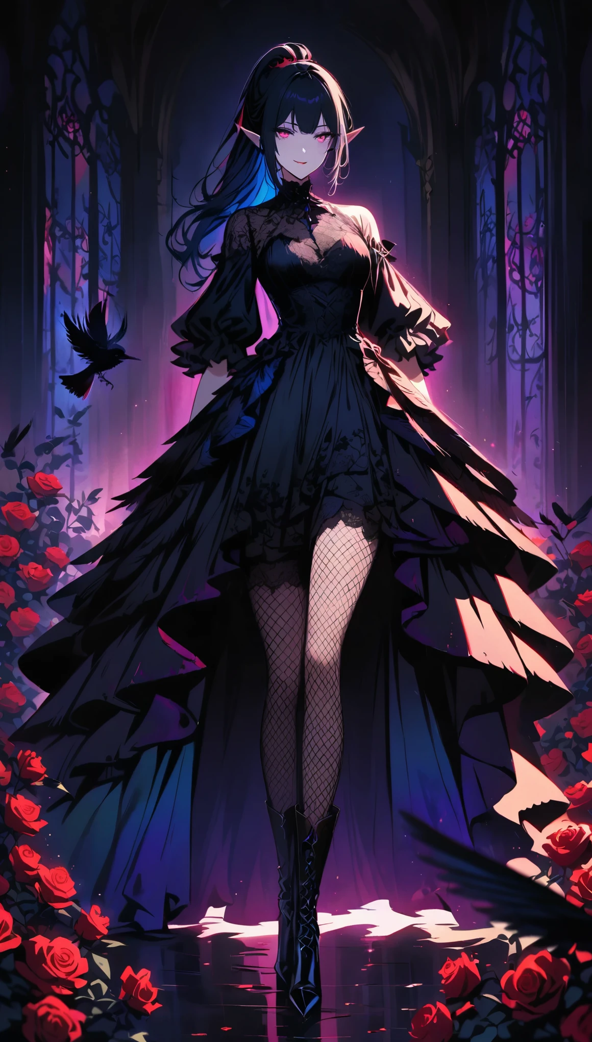 （dark atmosphere，Goethe fashion，bright colors），（best quality，Super exquisite，），Sexy goth elf girl，rose garden at night，beautiful and delicate eyes，Blue tip black straight ponytail，Crow feathers，red lipstick，mysterious smile，Pale complexion，fishnet stockings，black lace dress，Pointed-toe boots，The moonlight reflects her elegant silhouette，Soft shadows and soft highlights，Contrasting colors create a vibrant atmosphere，Dark and moody color palette，Subtle yet dramatic lighting effects，Sublime darkness intertwined with exquisite moonlight