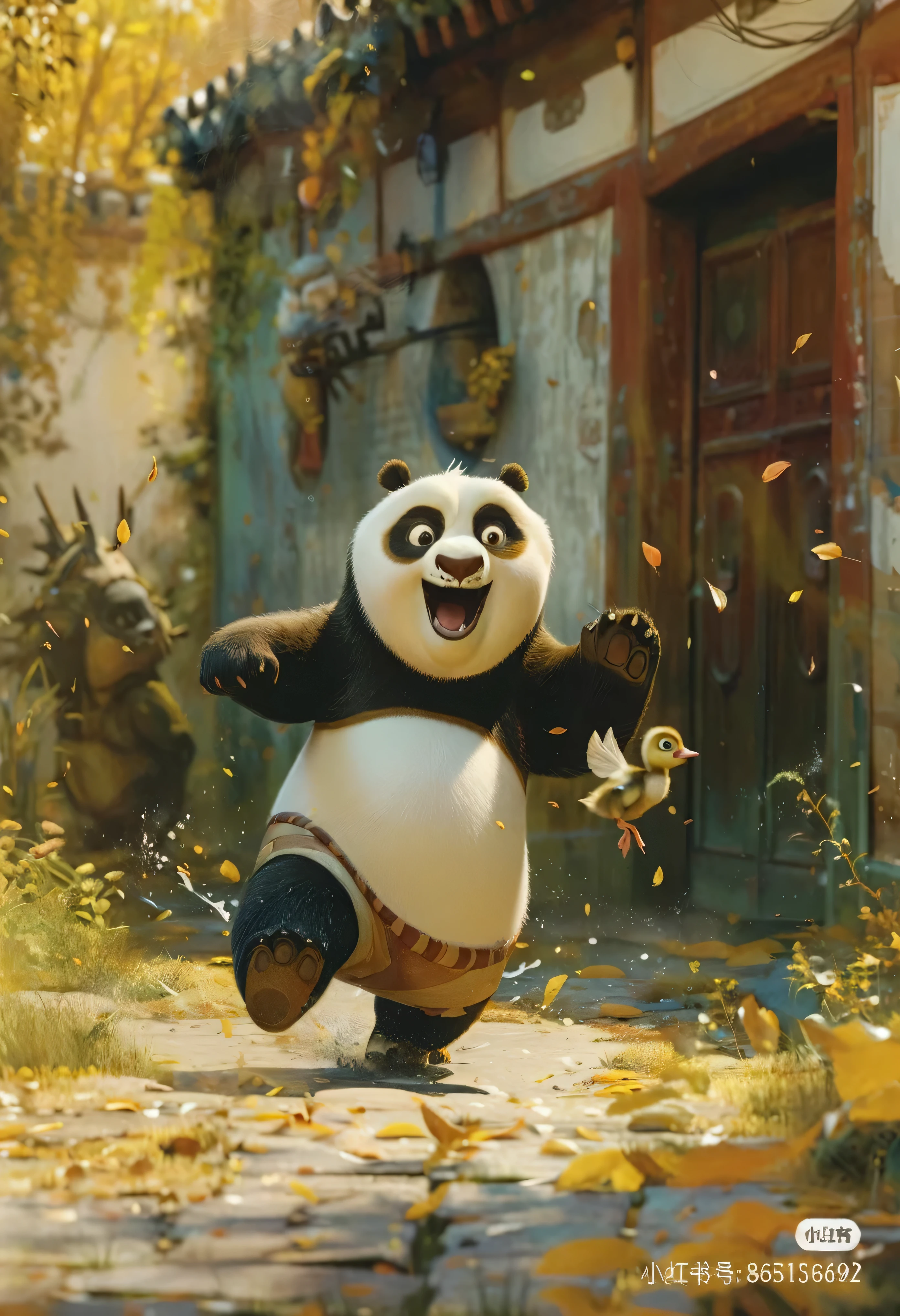 araffe in a panda suit running in the street with leaves, kung fu panda, animated film, feng zhu |, dreamworks animation, animated movie still, dreamworks animation style, animated movie scene, wojtek fus, animation film, animated movie, ross tran 8 k, panda, animated movie shot, 3 d animated movie, inspired by Feng Zhu