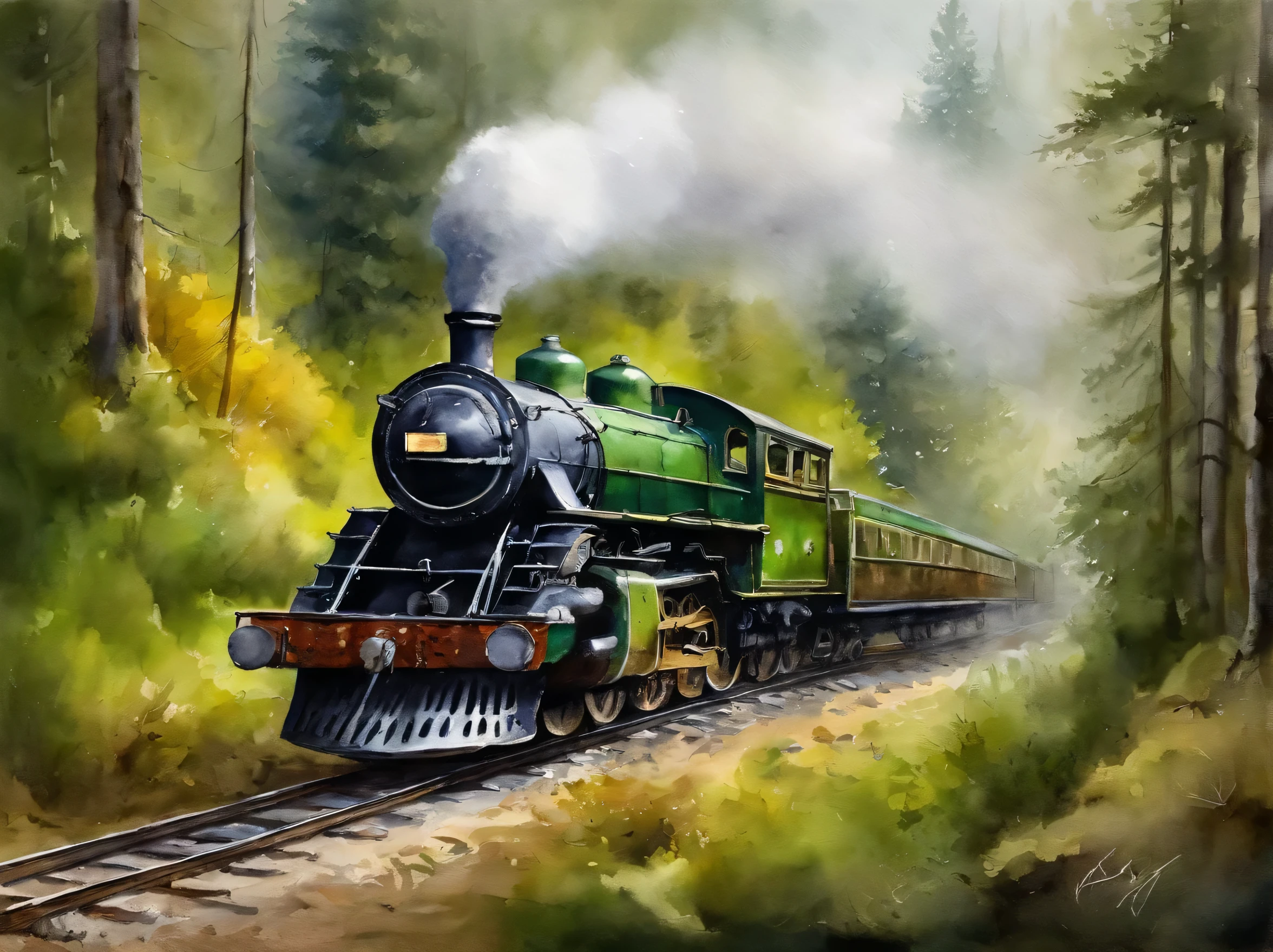 an old steam train(double track railway)Travel through dense Siberian forests,Dense forest,tall trees。This scene captures lush greenery,pines and cypresses。Best image quality,Resolution is 8K,Provides ultra-detailed visuals。The artistic style is a depiction of nature,Emphasize the ancient and delicate details of the trees,Vibrant dark and light green shades。soft warm light,It creates an atmosphere of tranquility and mystery。