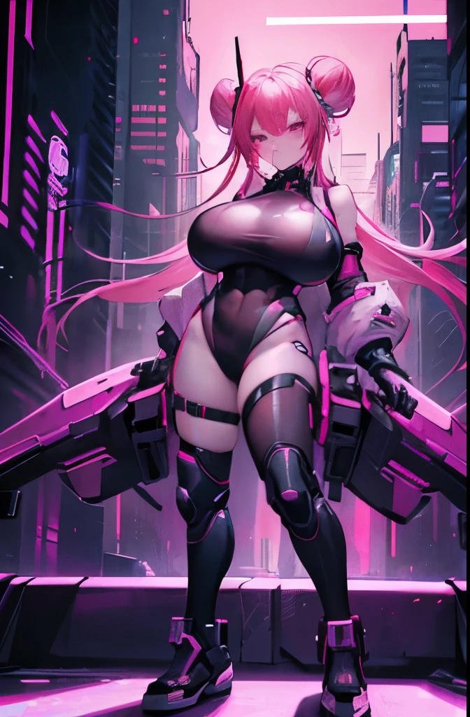 ((cyberpunk aesthetic)), (full body), (cyberware), (showing skin), (((large_breasts))), (pink_hair), (double bun hair), (red light district city background), (glowing lights), (starry night sky) (confident expression), (smug expression), (seductive)