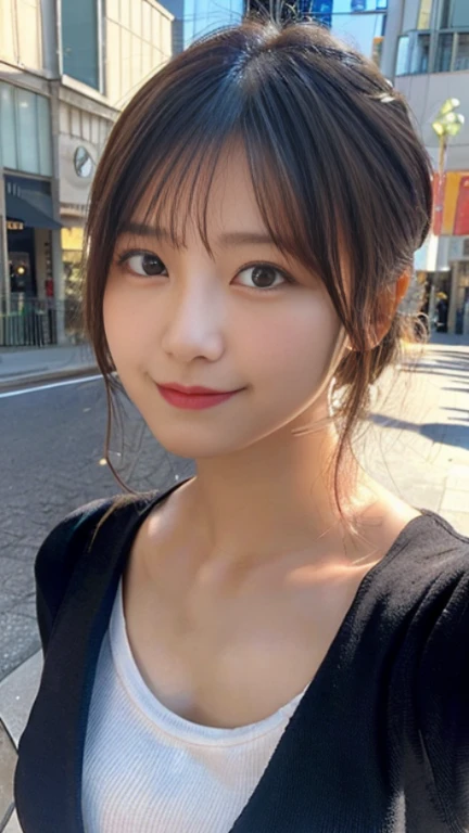 (highest quality,masterpiece:1.3,ultra high resolution),(Super detailed,caustics,8K),(realistic:1.4,RAW shooting),1 girl,(smile and look down at the camera),(front shot:1.1),(look forward),18-year-old,cute,Japanese,Black short ponytail,,glamorous,(small tits),( close),(chest focus),street,sunlight,Natural light,(Backlight),(A bright light shines from behind),(Lens flare),professional writing,(cowboy shot),(low position:1.3),(Low - Angle:1.3)