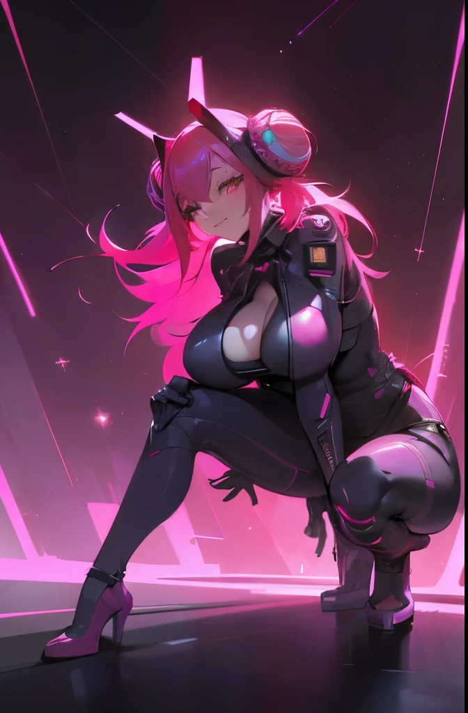 ((cyberpunk aesthetic)), (full body), (cyberware), (showing skin), (((large_breasts))), (pink_hair), (double bun hair), (red light district city background), (glowing lights), (starry night sky) (confident expression), (smug expression), (seductive)