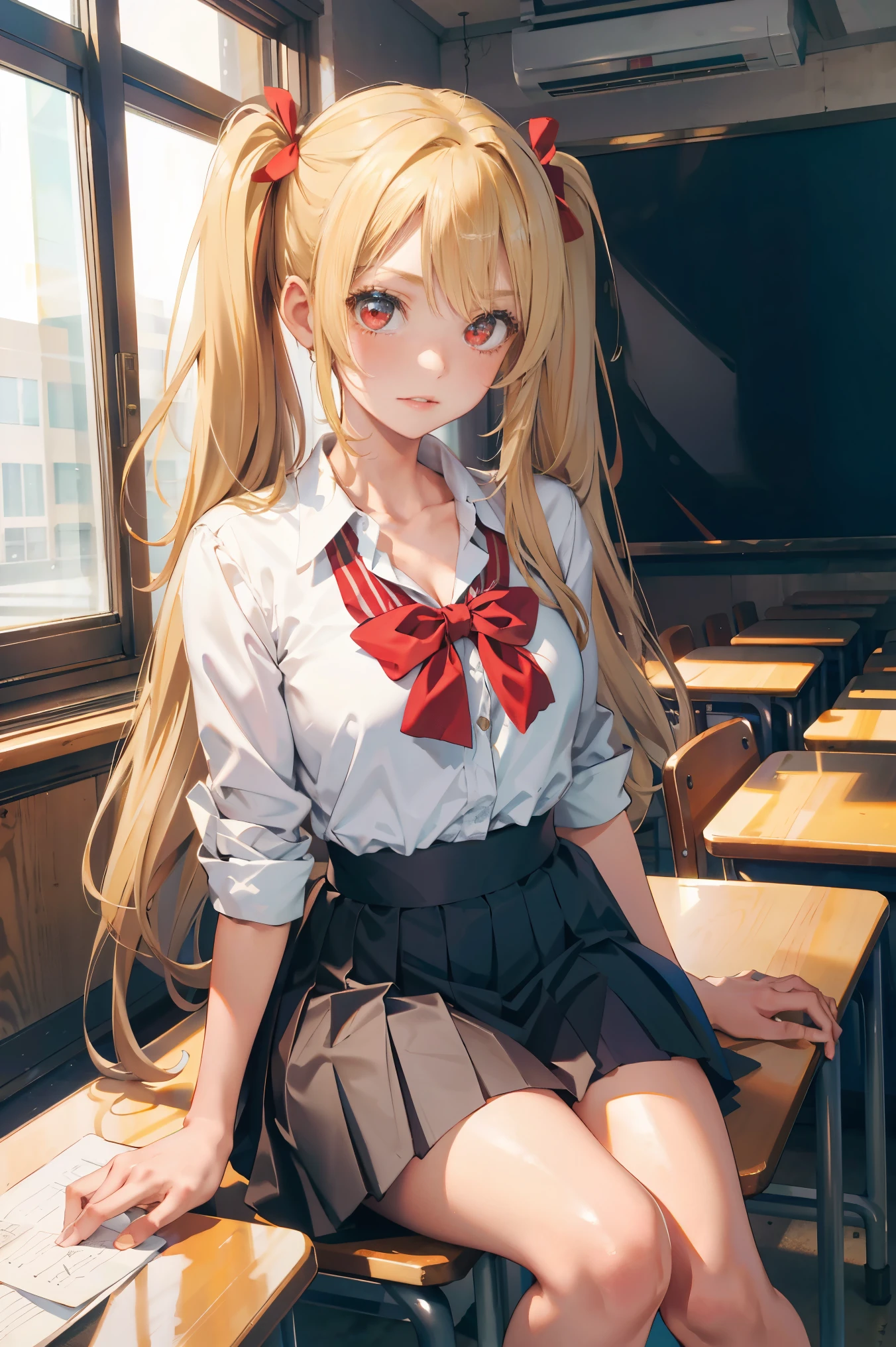 (masterpiece:1.2, best quality), 1lady, solo, , classroom, day, sit, blonde, twintails, red eyes, open collabone, gyaru, open chest