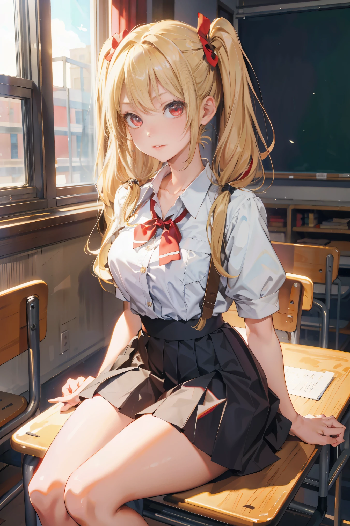 (masterpiece:1.2, best quality), 1lady, solo, , classroom, day, sit, blonde, twintails, red eyes, open collabone, gyaru, open chest