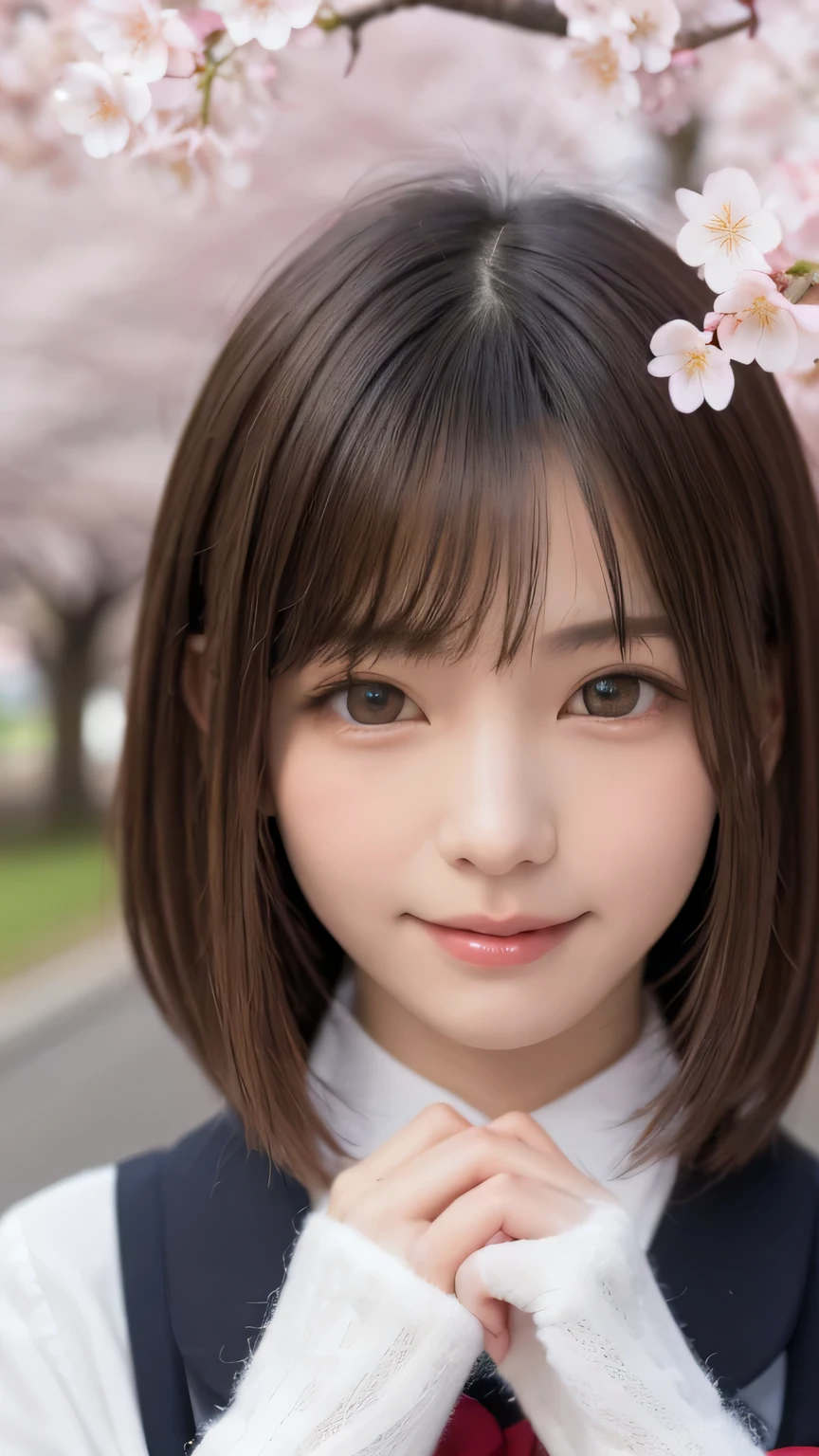 one girl, (a beauty girl, delicate girl:1.3), (:1.3),
break, (spring, cute uniform:1.3),
break, (Street view:1.3), (cherry blossoms fall:1.3), (wool gloves), perfectly trimmed fingers,
break, very fine resolution, (symmetrical eyes:1.3),
break, small breasts, brown eyes, parted bangs, brown hair,  girl,
break, (Eye and face details:1.0), (get closer to the face, enlarge the face, face focus:1.0),close up of face,
break, (masterpiece, highest quality, Super detailed, detailed face, 8K),SakuraFubuki,cherry blossom petals,smile,random pose