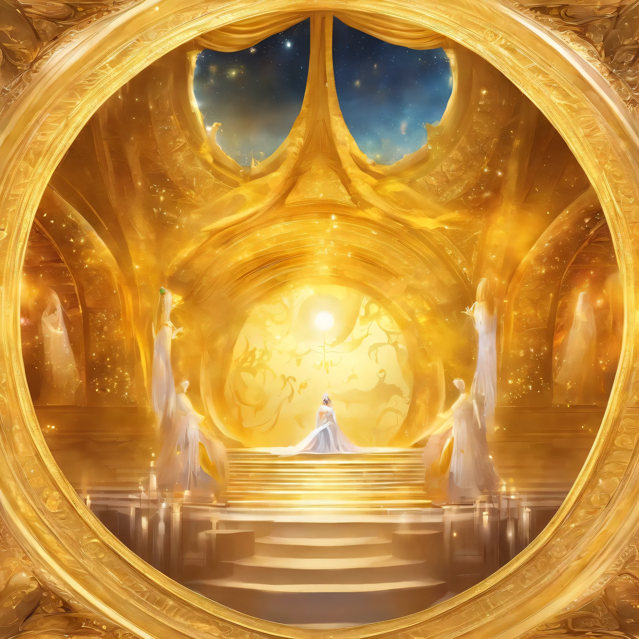 Create fantasy wallpaper art 1920x1080p, inside the opera house, 3D, Majestic inside the opera house, yellow and gold combination