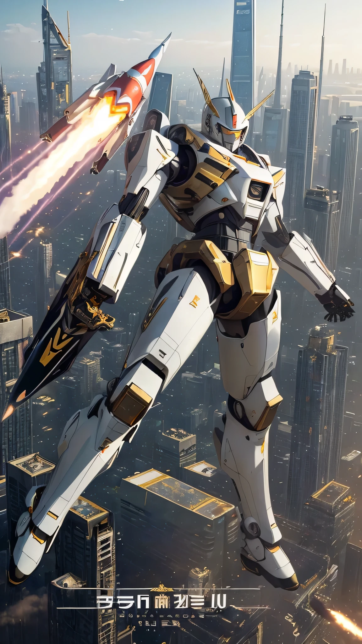 最high quality、best image quality、masterpiece、Mecha((white body、gold line、two black arms、two black legs、white rocket engine)),high quality、beautiful art、background((skyscraper city))、Flight、debris flies、Depth of written boundary、movie、visual art、perfect art、8K,genuine、Dynamic Performance