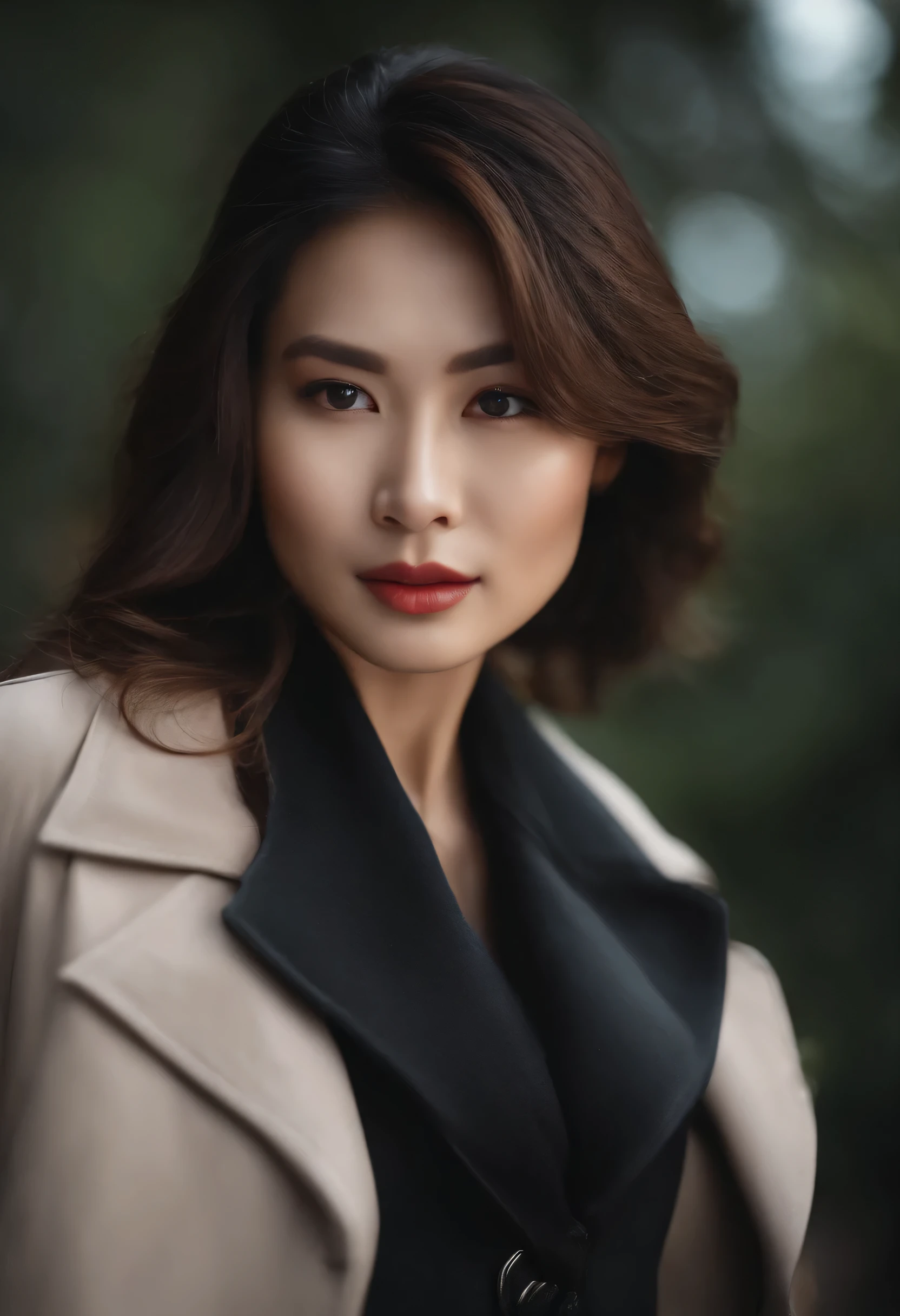 gals Back of one beautifull 35 years old strong-personality asian women, on leather legging, on jacket, very short wavy hair, wind blowing hair, deep-eyes, mole near eye, serious face, wear long earrings, high constrat photo, half-body potrait photo, detaild skin-face, make hair sharper, focus to eyes, make eyelash sharper, make eyebrow sharper, super sharp photo, ((masterpiece)), (detailed), many bokeh from the light of street, sunset-light, strong flare-effect, light of the sun shines accross hair very bright, make pores realistic, make skin realistic, cinematic color, detail bores, detail eyebrow, detail eyelash, detail lips, make photo many shadow, (realisticlying:1.4), make photo highest constrat, make photo deeper