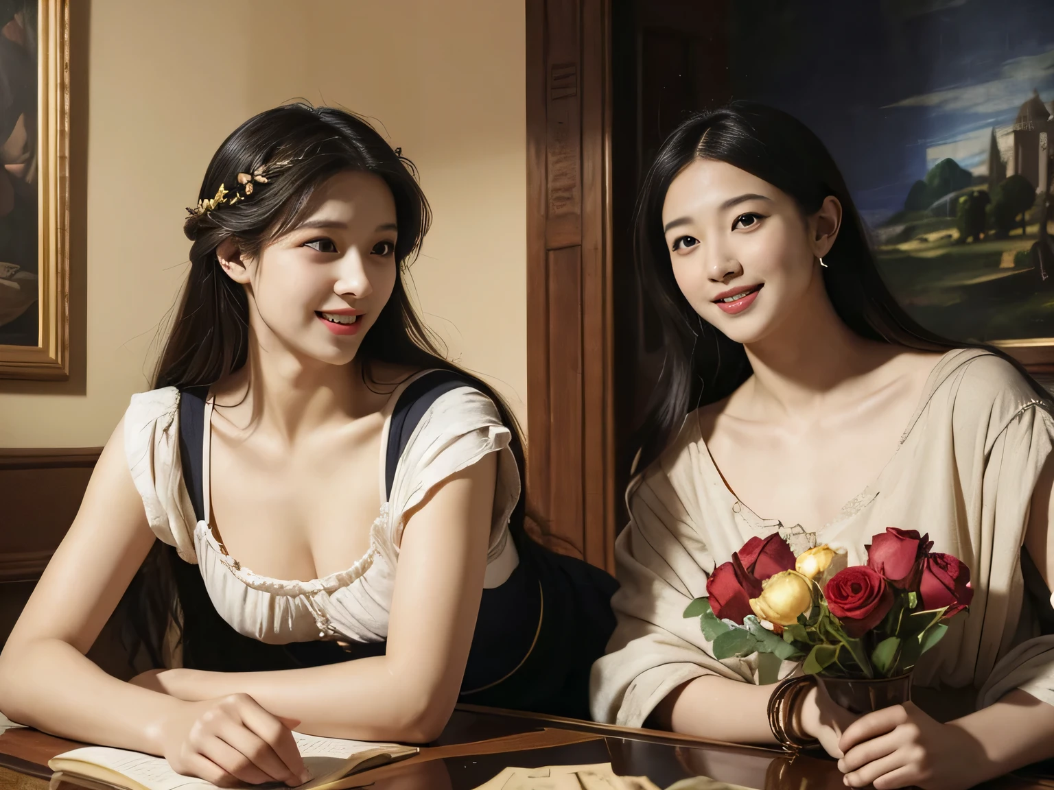 Giorgione painting style,Arguments of two female Philosophe,math、astronomical machine、astronaut、roses in vase、fruits、Cute trinkets、smile、ancient greek costume、Ancient Roman landscape in the style of Nicolas Poussin,laughter,,Sweet and seductive appearance.、Caravaggio's paintings、Chiaroscuro of Caravaggio、hair tousled by the wind,Two women frolicking,cute smile, expression of ecstasy,Sexy,erotic
