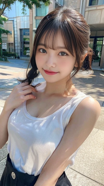 (highest quality,masterpiece:1.3,ultra high resolution),(Super detailed,caustics,8K),(realistic:1.4,RAW shooting),1 girl,(smile and look down at the camera),(front shot:1.1),(look forward),18-year-old,cute,Japanese,Black short ponytail,,glamorous,(small tits),( close),(chest focus),street,sunlight,Natural light,(Backlight),(A bright light shines from behind),(Lens flare),professional writing,(cowboy shot),(low position:1.3),(Low - Angle:1.3)