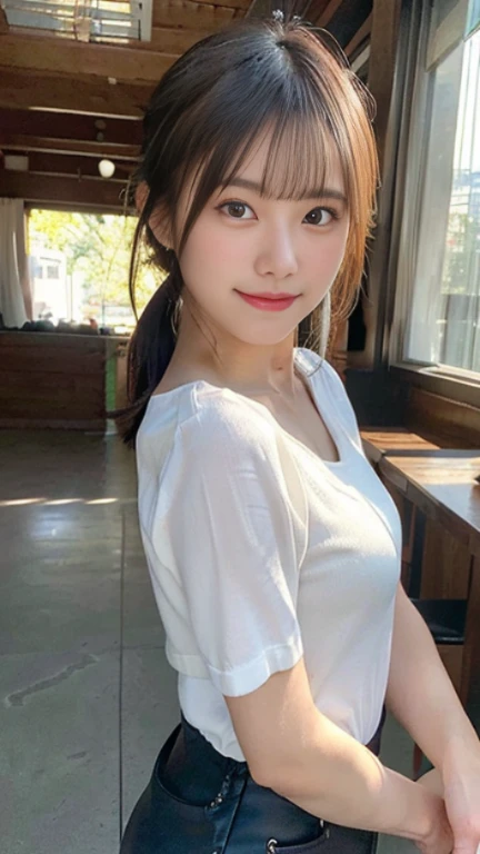 (highest quality,masterpiece:1.3,ultra high resolution),(Super detailed,caustics,8K),(realistic:1.4,RAW shooting),1 girl,(smile and look down at the camera),(front shot:1.1),(look forward),18-year-old,cute,Japanese,Black short ponytail,,glamorous,(small tits),( close),(chest focus),street,sunlight,Natural light,(Backlight),(A bright light shines from behind),(Lens flare),professional writing,(cowboy shot),(low position:1.3),(Low - Angle:1.3)