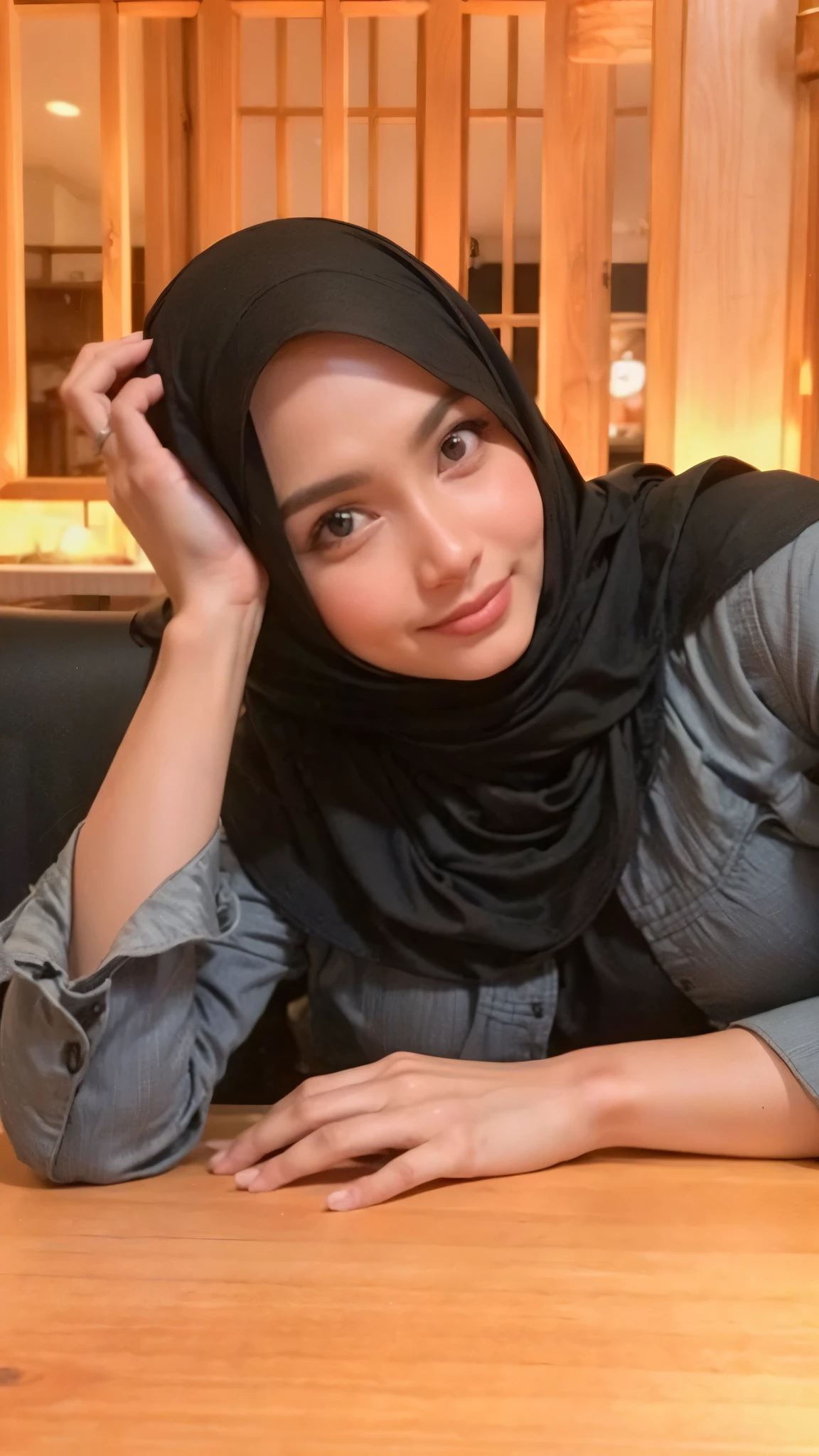 masterpiece, (ultra-high-definition portrait, vignet:1.4), Realistic, extremely detailed, CG unified, 8k, Clean lines, highly detailed, High-definition, raw color photos, she is smiling, Realistic portrait, Cinematic Light, Beautiful detailed, (1hijabgirl, indonesian:1.5), (165cm tall, big breasts with lips like she wants to kiss:1.5), Beautiful big breasts, breasts details, very tight, (Biggorgeous breast, Smiling:1.5), (Smiling, Big Breast:1.4), Close up of a girl in Beautiful clothes with errected nipple, biggorgeous breast, Soft smile, scarf, (Bombastic Side Eyes with curvaceous body:2), pose 4 of 1 6, Undress, No bra, (nipples that are clearly sticking out detail:1.2), Outdoors, high intricate detailed.