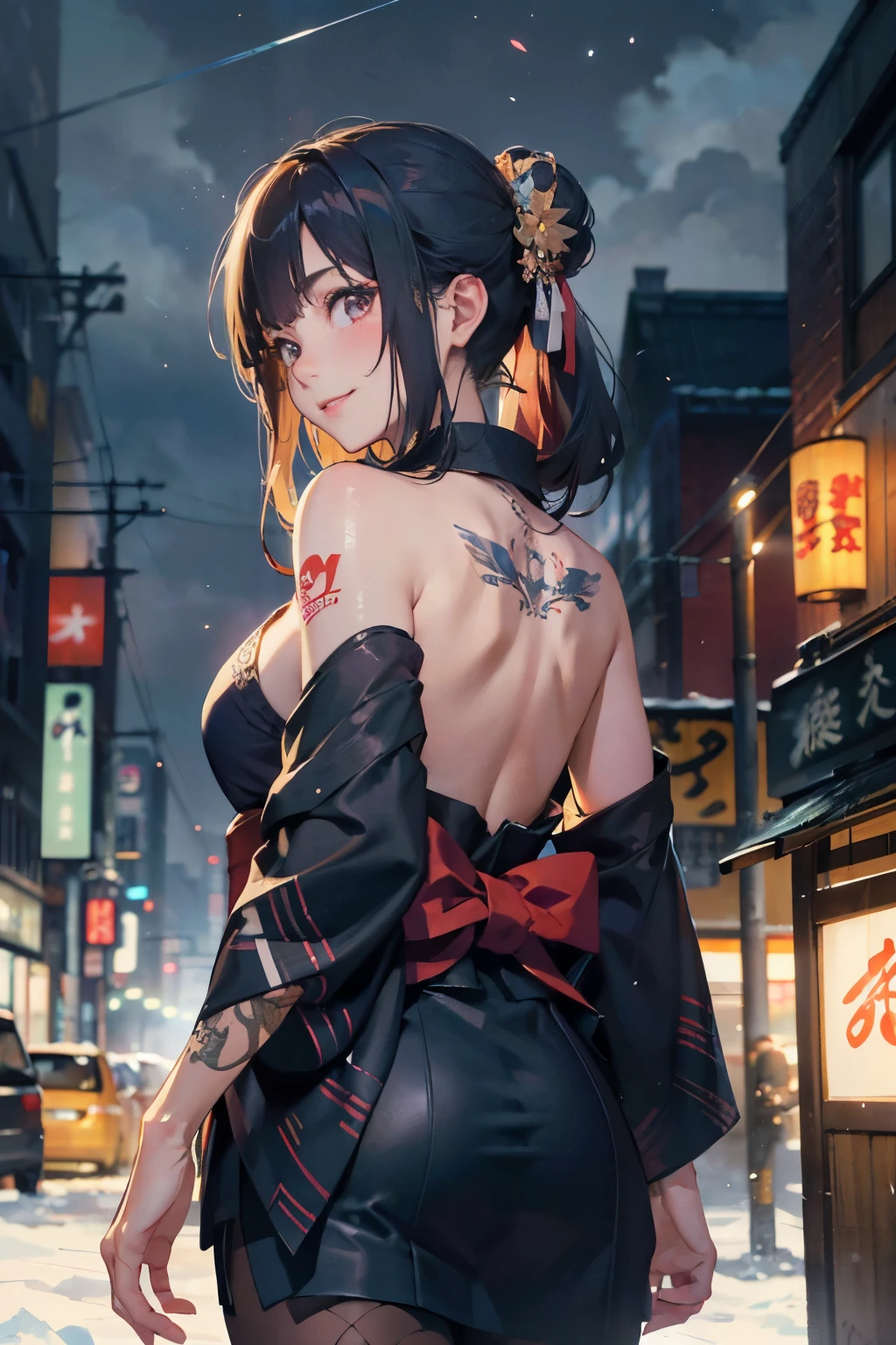 a 20 yo woman、Blackberry Hair、long twintail、Big smile、cleavage of the breast、Thighs at a glance、fishnet tights、Long cheongsam with long purple ankles on open chest、(hi-top fade:1.3)、dark themed、Muted Tones、Subdued Color、highly contrast、(natural skin textures、Hyper-Realism、Soft light、sharp) (masutepiece, of the highest quality, Best Quality, Official art, Beautiful and aesthetic: 1.2), (1girl in: 1.3), Very detailed, (Fractal Art: 1.1), (Color: 1.1) (Flowers: 1.3), (By Yuko Higuchi:1.4), Yuko Higuchi,(posted by Yow:1.2),(linear art),Line drawing,Pen drawing,Zentangle,(Tattoo patterns:1.2),(complex lines),(masutepiece),(Best Quality:1.1), (Ultra-detailed),Best Illustration,finely detail,hand-drawn high quality,High contrast,(Clean lines:1.3),ligne claire,(Portrait),(very closeup:1.1),1 girl,Solo,The girl is wrapped in snow,(Intricate details:1.3),(Detailed background:1.2),(coloured background:1.1),sketch,Intricate details,High resolution,a moon,top-quality、8K、hight resolution、masterpiece、(portlate:0.6)、Kawasaki motorcycle speeding through the city,(slow motion:1.3),(Motion Blur:1.3),(SPEEDLINE:1.4),Sense of speed,1girl in,Sparks and smoke coming out of tires、A dark-haired、Middle hair、(grinning evily:1.3)、(Look at viewers:1.3)、(bokeh dof)、18year old、8K, masutepiece, (Photorealistic:1.5), Artistic portrait from behind ((Yakuza Girls) Wearing kimono), back tattoo, Revealing the tattoo on the back, (Dragon tattoo), Bare shoulders, huge-breasted, Beautiful skin, Slim Fit Body, Cute face, nice appearance, look at viewr, Red hair in a bun with bangs, Foggy, Daylight, skyscapers, Clouds, Cozy and cool atmosphere, Dynamic lighting, natural, artistic,18-year-old girl Wahori skin, Yakuza, Japan Mafia, Background of Tokyo Red Light District, Realistic, Photoreal, masutepiece, Best Quality, Movie photo of a Japan cartel gang with tattoos, epic lighting, Yakuza tattoos on Japan, japanese art on behance, Japan culture, Sexy, Exotic, Erotic,