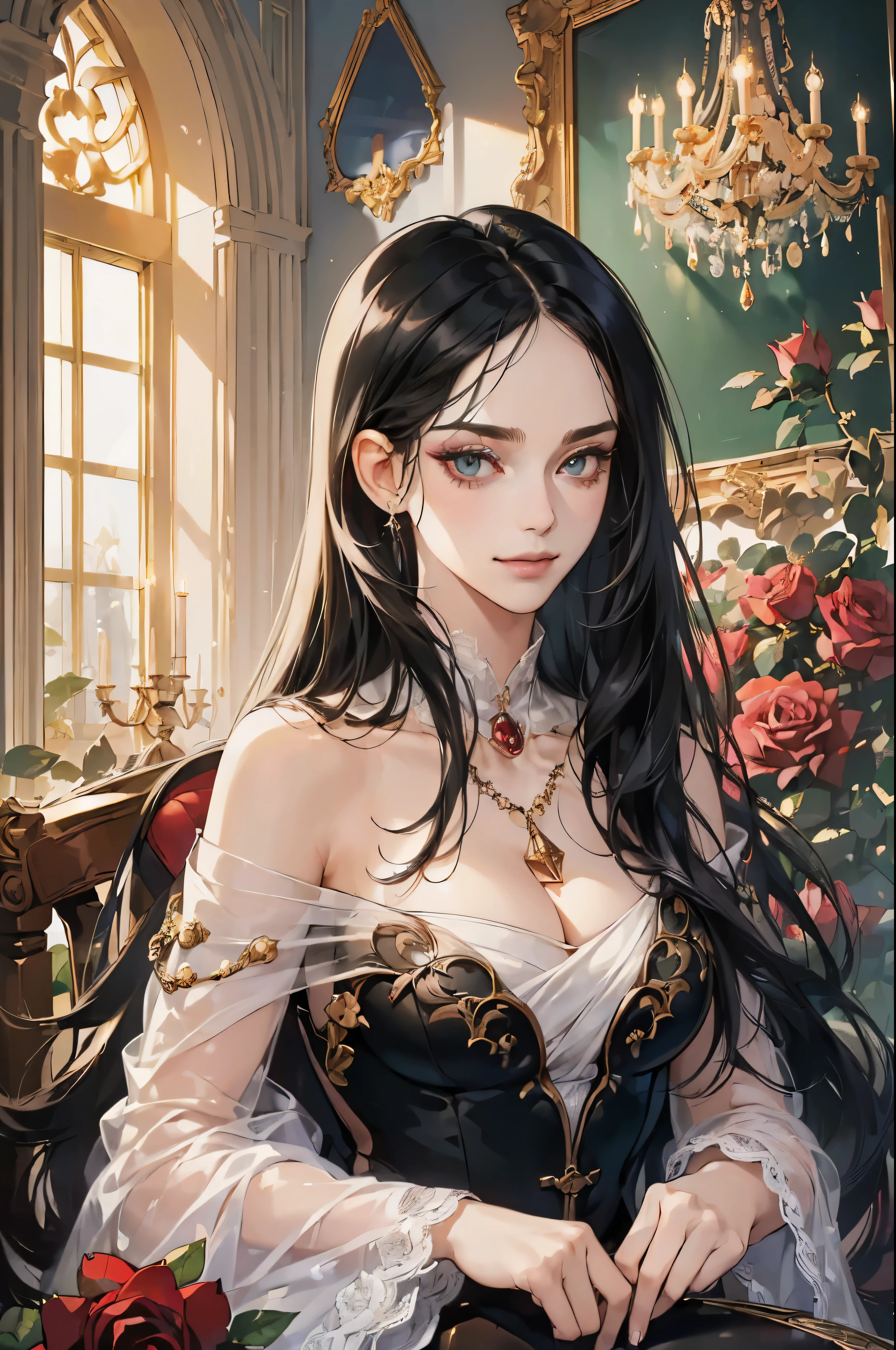 (table top, digital art, digital illustration, 4k, 8k, very detailed, beautiful picture, Sharp picture, realistic, raw photos, perfect face, perfect lines, perfect eyes, soft light) 1 woman, (long black hair,have straight hair,Bullish stare,beauty,elegance,System mode,one piece、Make-up is difficult,23 is a novel,big tits:1.8),Two handsome men in suits, (human,man in suit,have good muscles,wide, stable shoulder,adult male,child&#39;Hair style,English gentleman style,A man in his 30s with a cold face.,A 28-year-old man smiles brightly..:1.2),Antique furniture,antique clamp,antique chair,Chandeliers,crystal glass,luxurious,Magic Light,marble fireplace,(shy from,shy smile,1 red rose:1.2),antique sofa,leather sofa,the kiss、kiss、loved one、couple kissing、romantic、volumes , victorian era, victorian dress, Fantasy