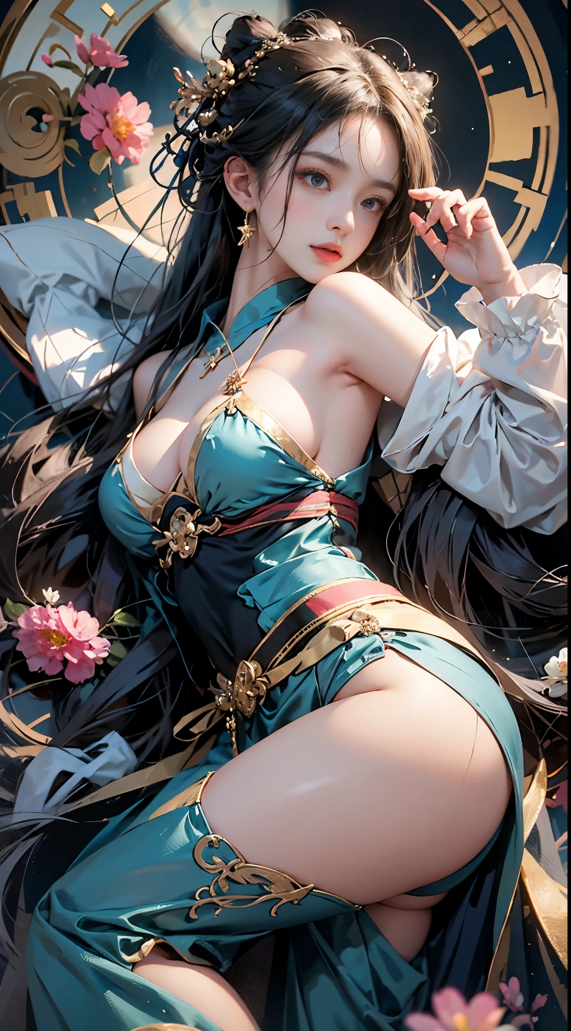 ((best quality)),((excellent quality, 8K, master piece: 1.5)), The pubic area is clear: 1.4, perfect body beauty: 1.4,  sexy hanfu clothes，sexy hanfu clothes，I can see your pants，gray hair，wet skin, sleeping in bed，back stance，pointed ass，round butt，pointed ass，Raise your ass，film texture，