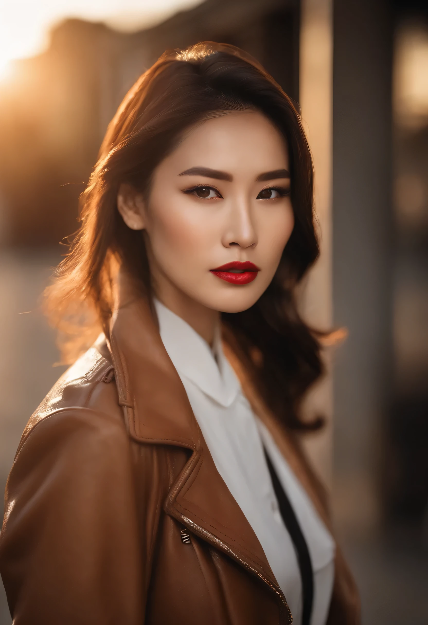 gals Back of one beautifull 35 years old strong-personality asian women, on leather legging, on jacket, very short wavy hair, wind blowing hair, deep-eyes, mole near eye, serious face, wear long earrings, high constrat photo, half-body potrait photo, detaild skin-face, make hair sharper, focus to eyes, make eyelash sharper, make eyebrow sharper, super sharp photo, ((masterpiece)), (detailed), many bokeh from the light of street, sunset-light, strong flare-effect, light of the sun shines accross hair very bright, make pores realistic, make skin realistic, cinematic color, detail bores, detail eyebrow, detail eyelash, detail lips, make photo many shadow, (realisticlying:1.4), make photo highest constrat, make photo deeper