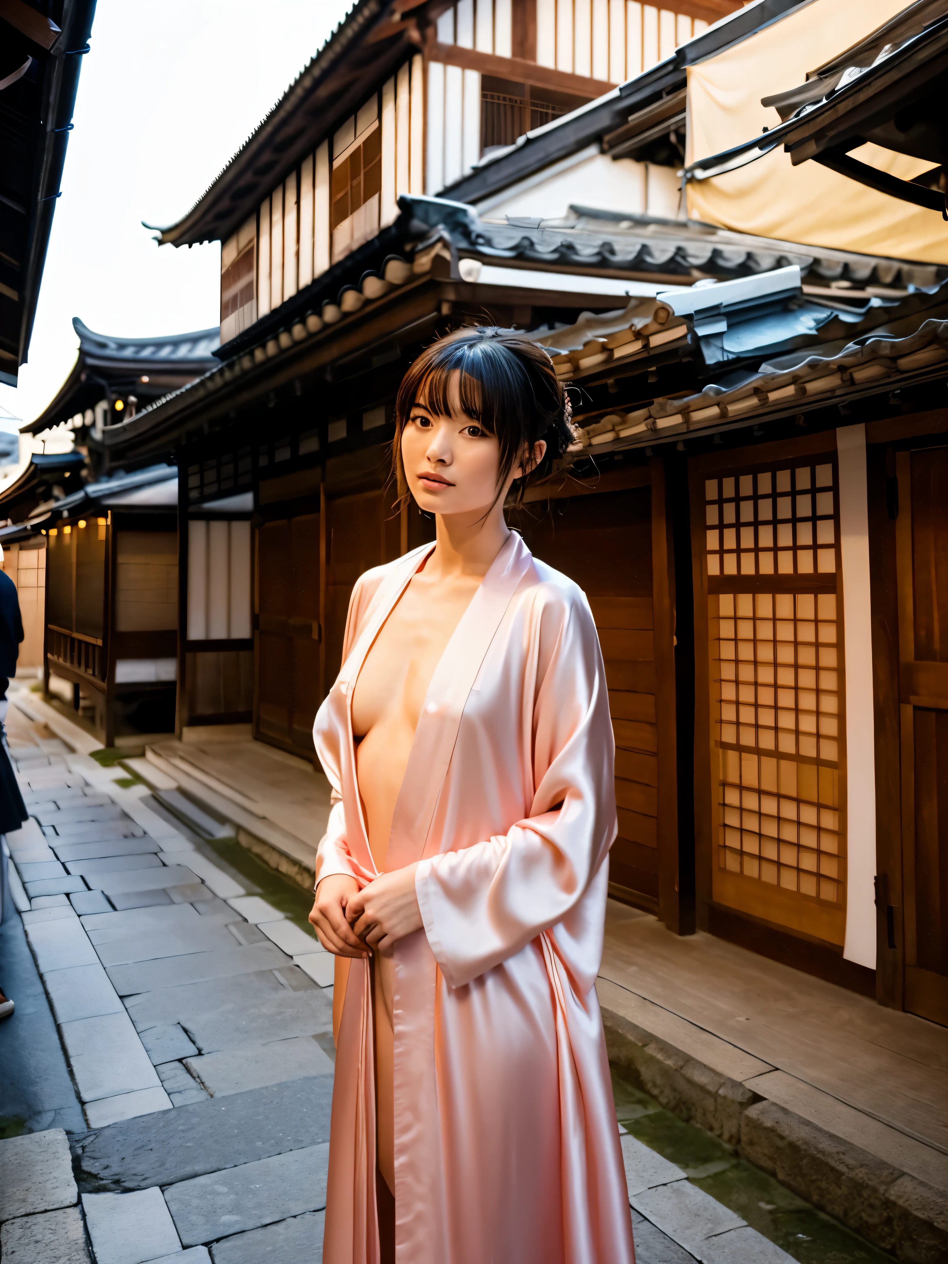 A portrait of nude woman, wearing opened silk robe is standing in the old town of Kyoto