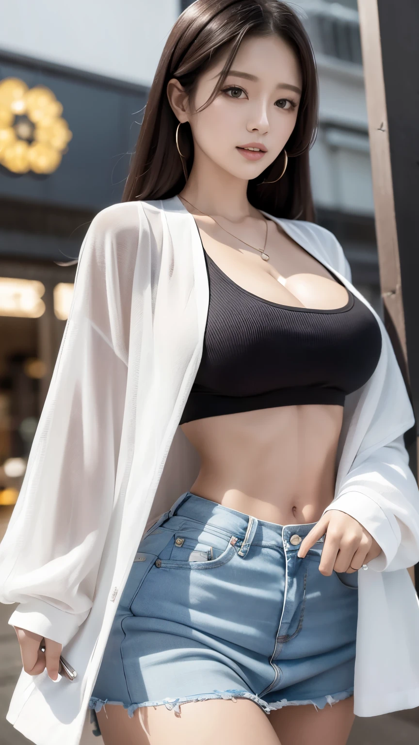 (8k, best quality, masterpiece:1,2), (realistic, photo-realistic:1,37), top quality, masterpiece, a beautiful woman, wearing a shirt for women crop v neck top white t-shirt korean fashion women t with a tight open gray color jacket, beautiful and toned body, cleavage, floral mini skirt, walking in the suburbs, slightly drizzling night background, in shops with Korean-style shop lights, night atmosphere, slightly wet asphalt, seductive smiles with dimples,