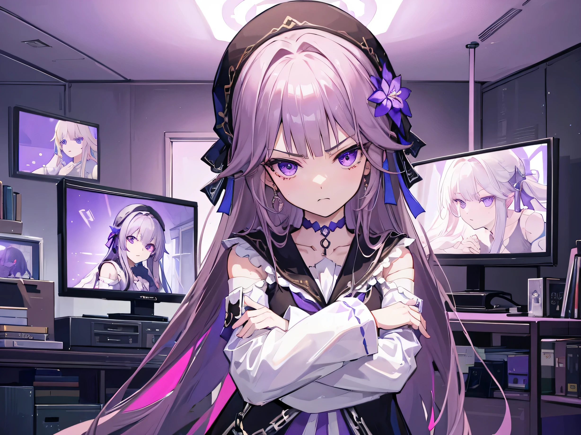 A girl named Herta, with a pouting expression, crossed arms, and an angry expression, standing seriously in a living room with a flat screen TV in the background. The room is filled with a purple aura, creating a judgy atmosphere. The lighting in the room is from the bright TV screen, casting a soft glow on Herta's face. The colors are vibrant and vivid, emphasizing the purple hues. 