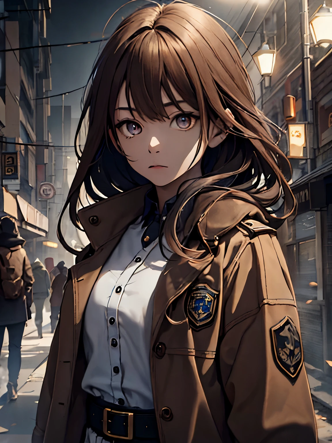 Woman, long brown hair, braids, bangs, messy hair, brown eyes, light in eyes, women's overcoat, blue katana, uniform clothes, dark city with broken background, locks of hair
