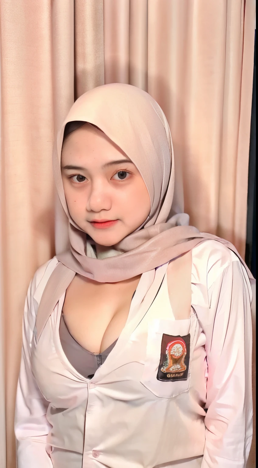 1 indonesian ijab girl, 18 years old, ((modern plain white hijab)), shy, medium portrait, watery eyes, pink glowing particles, (((slim fit school uniform))), (((cleavage))),((big breasts)), pink light bokeh background, well-proportioned body, full body shot, (((thick body)))