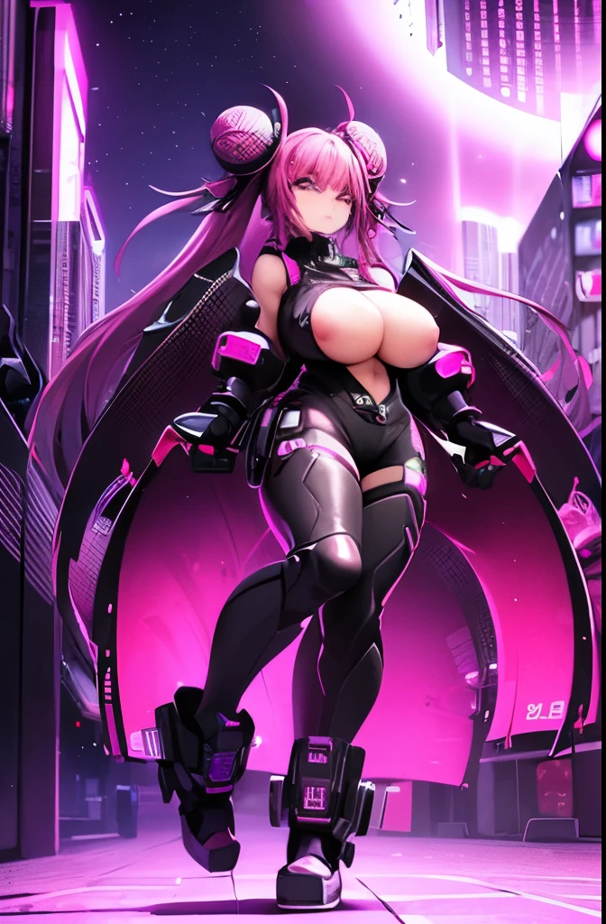 ((cyberpunk aesthetic)), (full body), (cyberware), (showing skin), (((large_breasts))), (pink_hair), (double bun hair), (red light district city background), (glowing lights), (starry night sky) (confident expression), (smug expression), (seductive), (pasties)