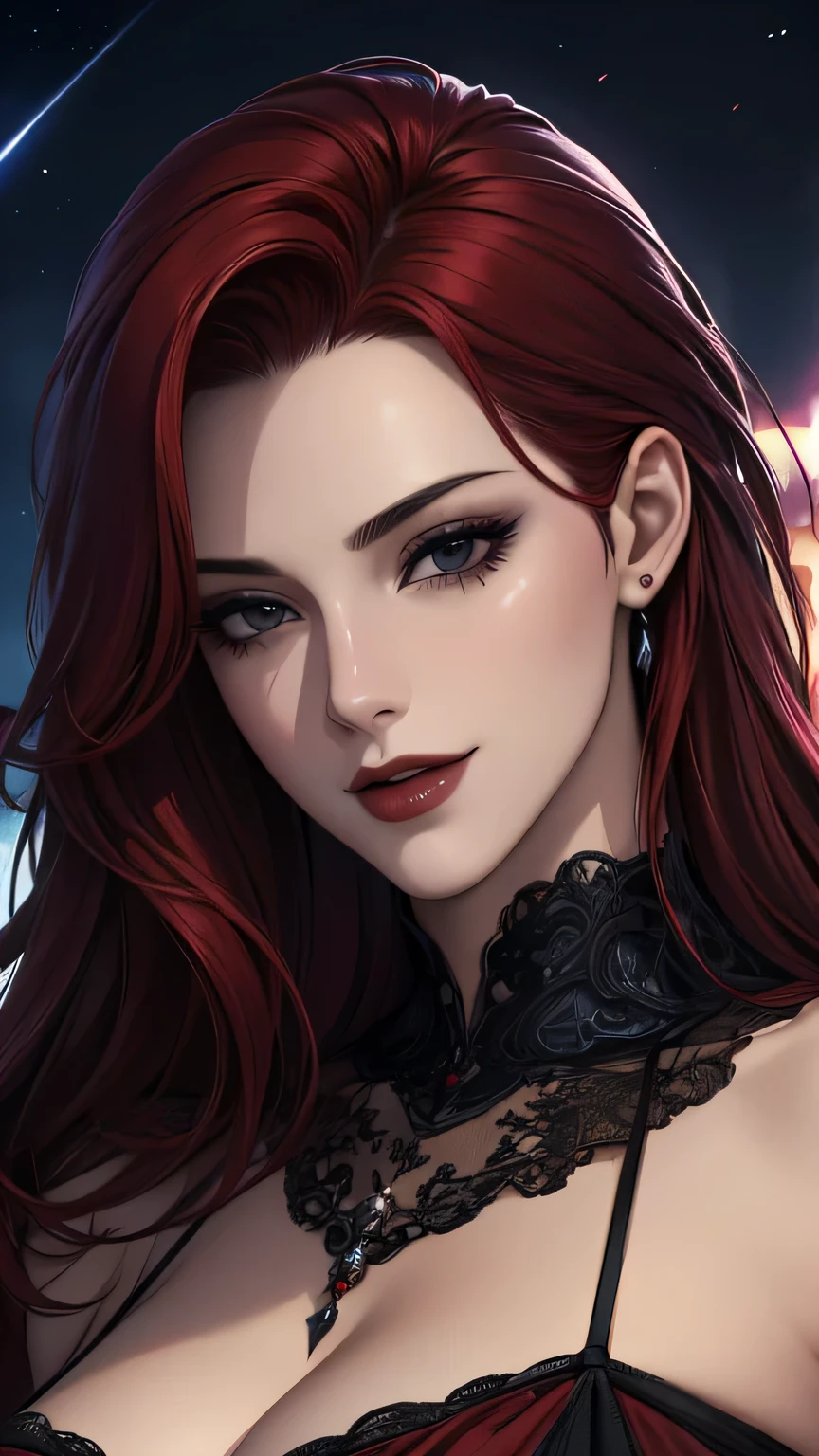 foto de retrato, ((Vivid red hair)), Mulher madura, 30 anos de idade, cara de diamante, luar, red starry sky background, profundidade de campo, Magia, big red lips, ((olhos pretos escuros)) vestido longo e cheio preto e vermelho, peito coberto, mystical atmosphere, menacing shadows, Aura azul intensa, Intense red aura (Melhor qualidade:1.2), absurdos, detalhes intrincados, (pele altamente detalhada:1.2), smile expression, posando, corpo tenso e bem definido, Atraente. altamente realista, pale skin, lindo, hiperrealismo, pele muito elaborada, olhar direto