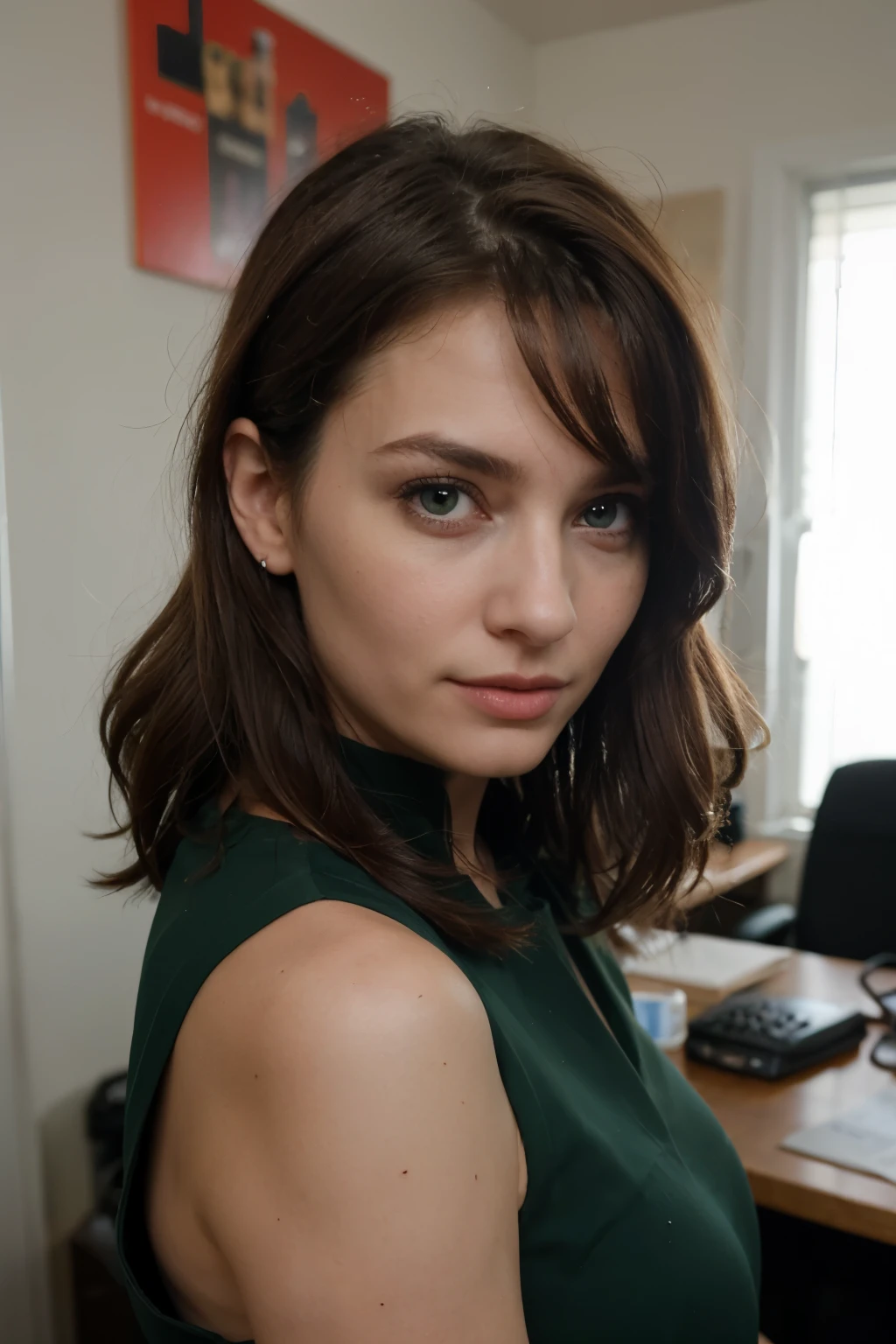 ((best quality)), ((masterpiece)), (detailed), perfect face
beautiful european woman 40 years old, green eyes brown hair, office dressed