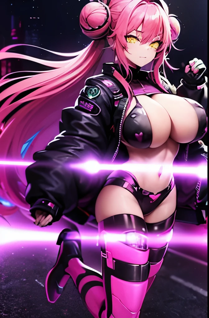 ((cyberpunk aesthetic)), (full body), (cyberware), (showing skin), (((large_breasts))), (pink_hair), (double bun hair), (red light district city background), (glowing lights), (starry night sky) (confident expression), (smug expression), (seductive), (pasties)