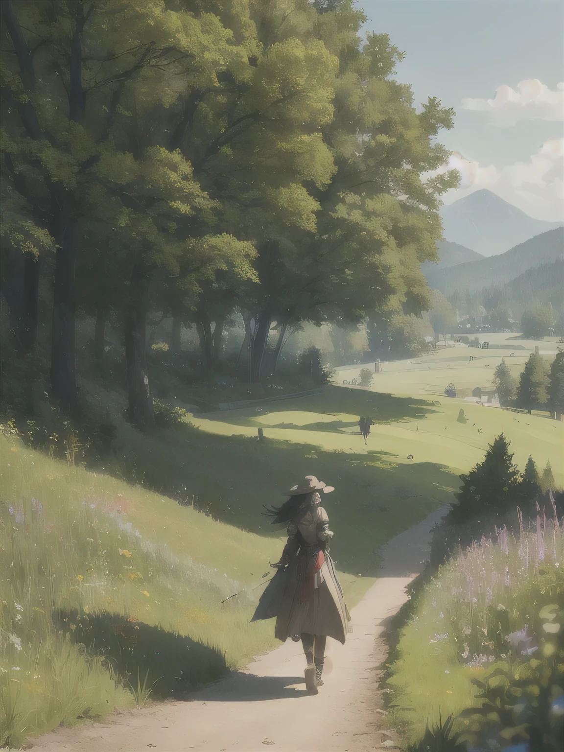 In a green meadow stands a girl leading a group of knights.
BREAK
With a brave expression, she guides them towards their destination.
BREAK
Behind her, a green forest stretches out and beyond that, mountains rise in the distance.
BREAK
The most suitable effect for this scene would be a watercolor painting technique to capture the softness of the meadow and the fluidity of the movement.