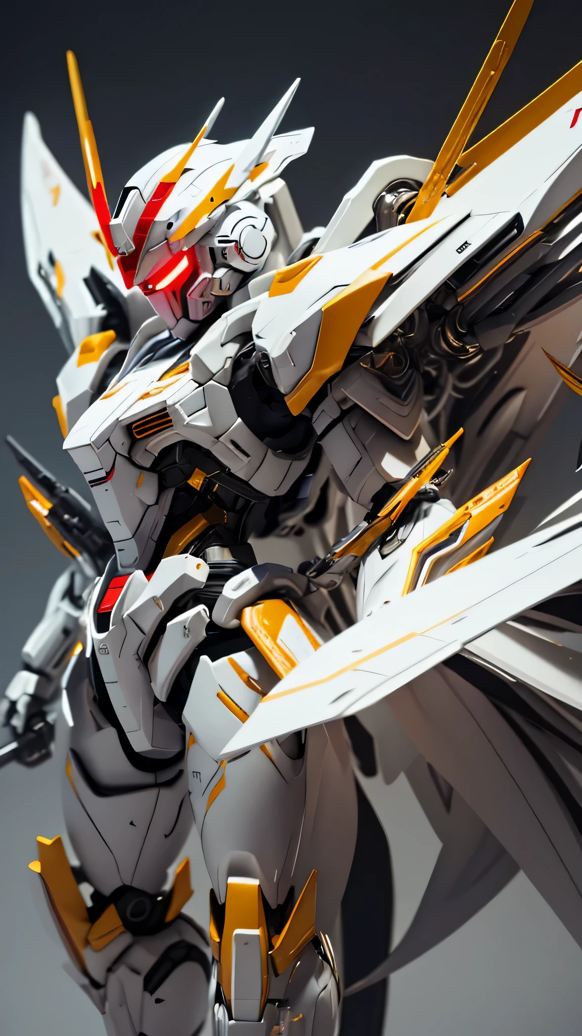 最high quality、best image quality、masterpiece、Mecha((white body、gold line、two black arms、two black legs、white backpack、Red shoulder、Glowing visor、With a beam saber、whole body missile)),high quality、beautiful art、background((skyscraper city))、Flight、debris flies、Depth of written boundary、movie、visual art、perfect art、8K,genuine、Dynamic Performance