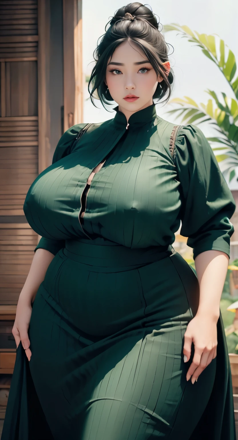 1girl, huge breast, wavy black short hair, green eyes,high quality, ultra detailed, masterpiece, realistic, gamis clothes,braid,standing, slightly fat arms , slightly fat belly , chubby cheeks 