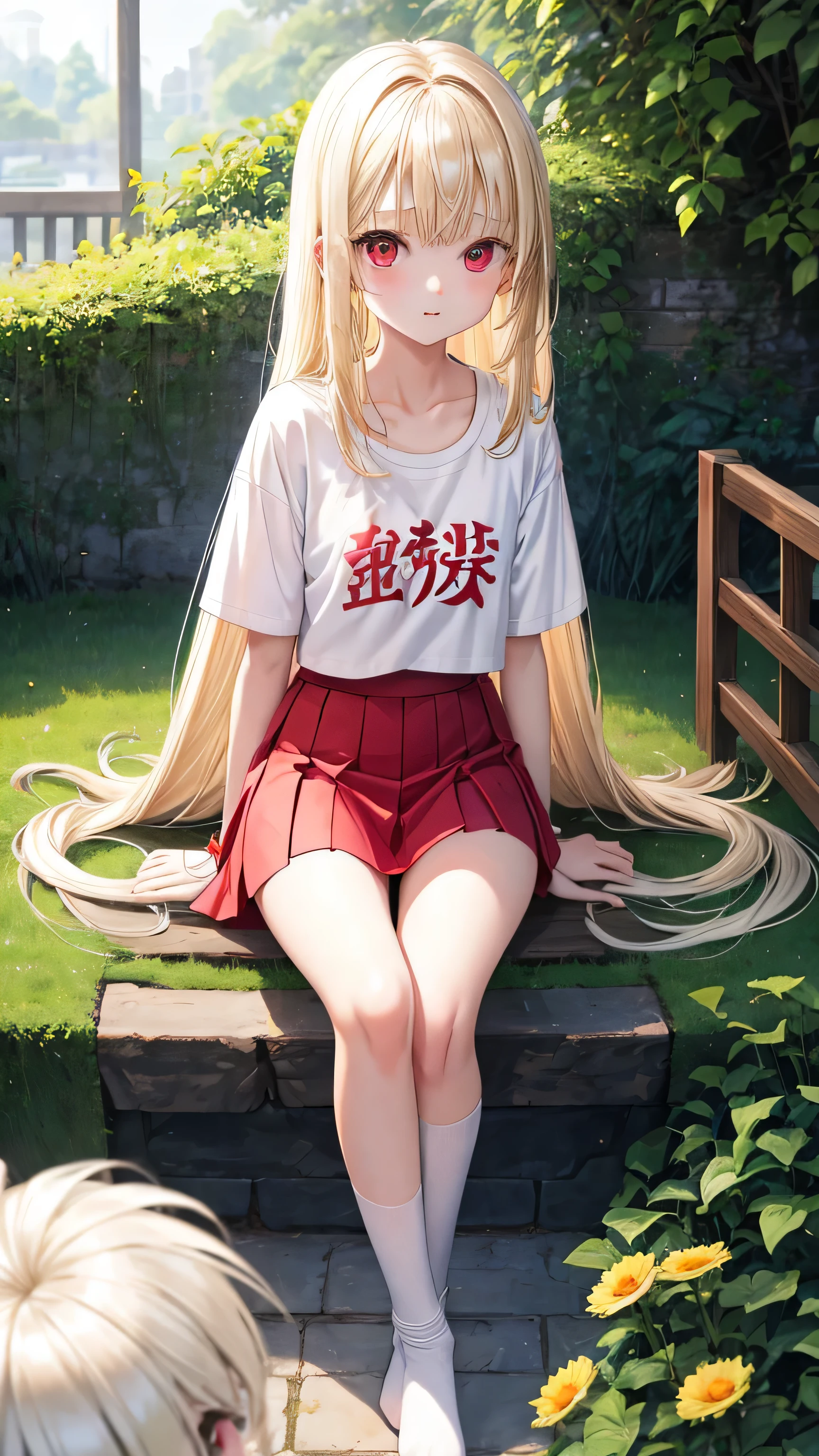I'm 、blonde、medium long hair、red eyes、two cute girls、alone、and soul、white t-shirt、mini skirt、white panties、透き通るwhite skin、white skin、beautiful skin、beautiful feet、slim legs、garden、sit on top