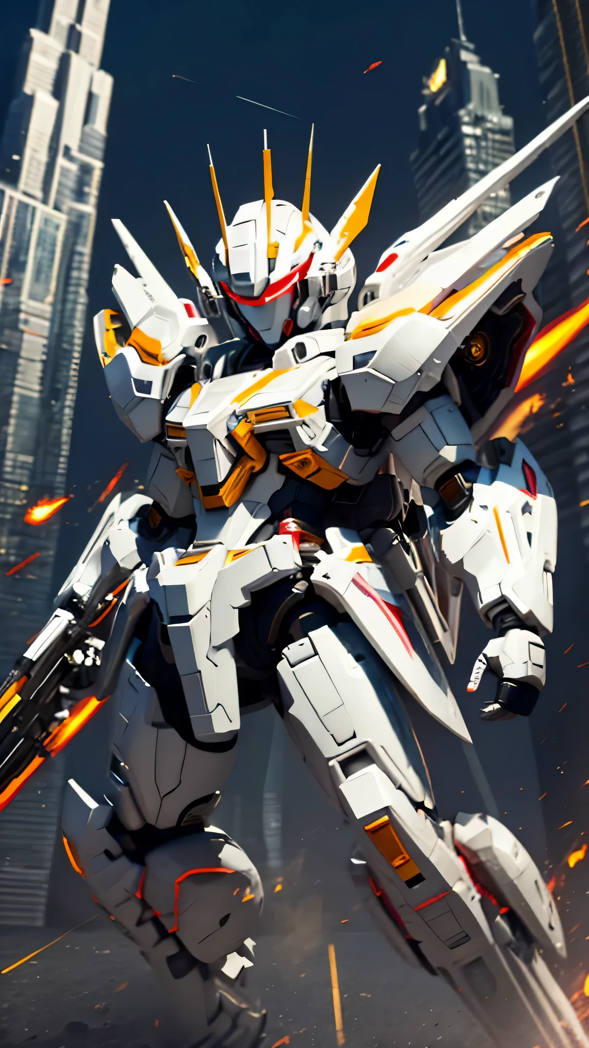 最high quality、best image quality、masterpiece、Mecha((white body、gold line、two black arms、two black legs、white backpack、Red shoulder、Glowing visor、With a beam saber、whole body missile)),high quality、beautiful art、background((skyscraper city))、Flight、debris flies、Depth of written boundary、movie、visual art、perfect art、8K,genuine、Dynamic Performance