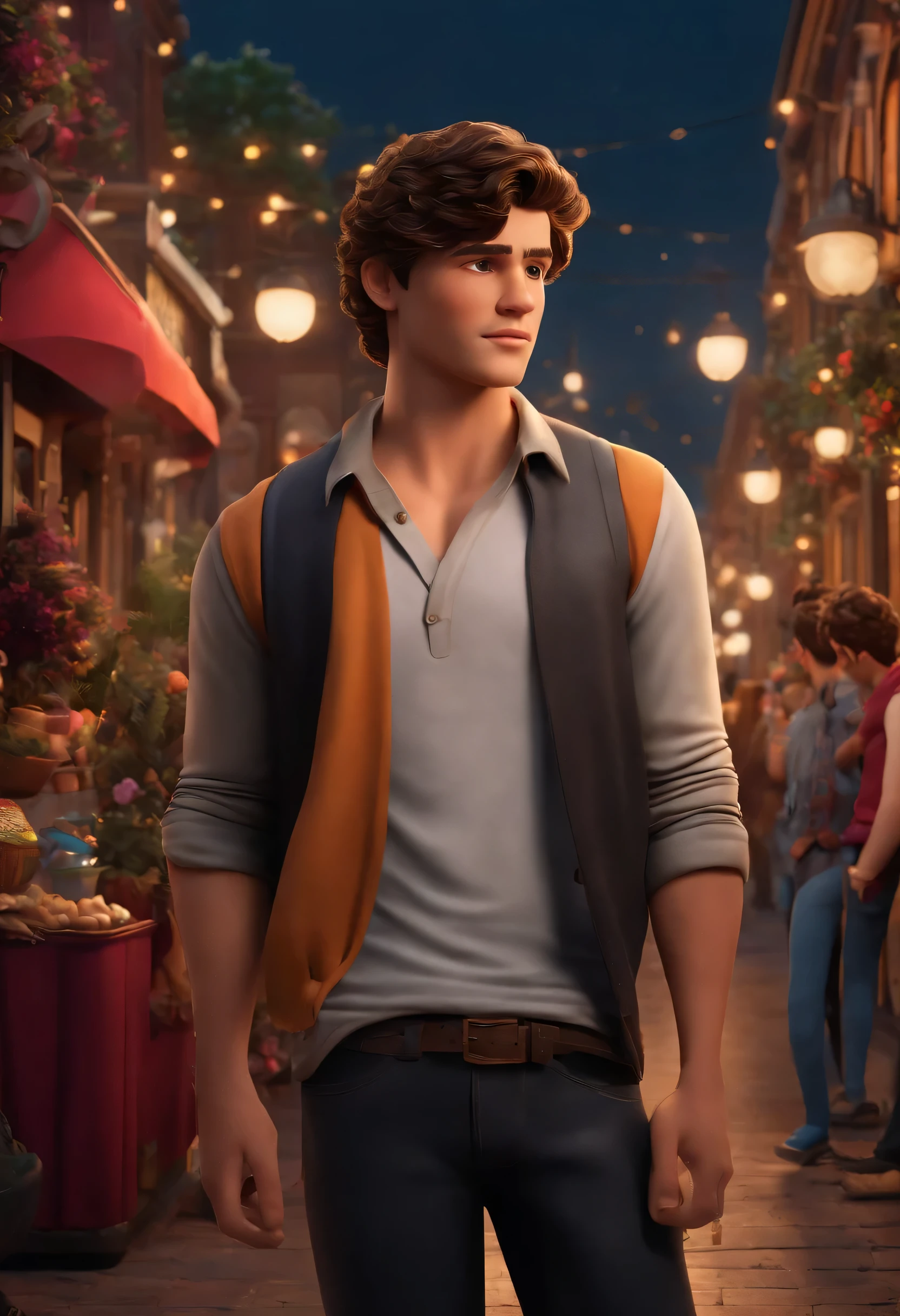 Disney/Pixar-inspired 3D poster capturing a scene of a cute brunette young man, de 17 anos com barba soul patch, cabelo desbotado de navalha preta, camisa preta, Black pants on the background of a clothing store