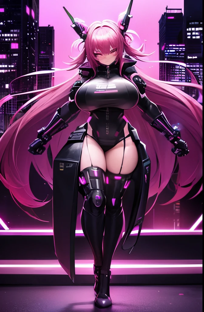 ((cyberpunk aesthetic)), (full body), (cyberware), (showing skin), (((large_breasts))), (pink_hair), (double bun hair), (red light district city background), (glowing lights), (starry night sky) (confident expression), (smug expression), (seductive), (pasties)