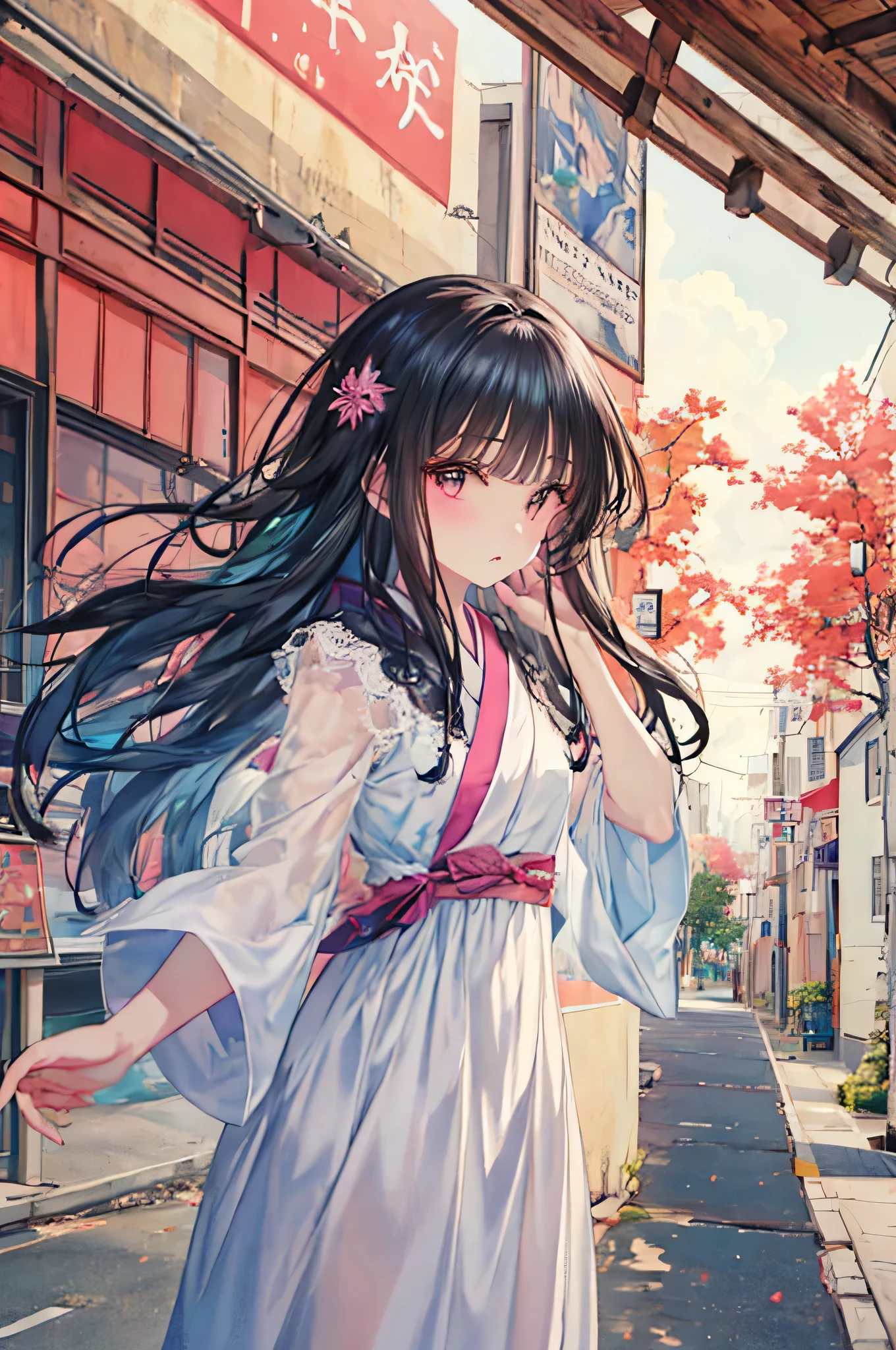 Anime girl standing in front of a traditional Japanese building, anime style 4 k, anime style. 8K, anime wallpaper 4k, anime art wallpaper 4k, anime wallpaper 4k, anime art wallpaper 4k, beautiful anime portrait, Cute girl anime visual, Nightcore, digital anime illustration, beautiful anime girl, anime atmosphere , (black long hair:1.3), straight hair, reach out your hand, [street], Saying"come" , sundress, heaven, 