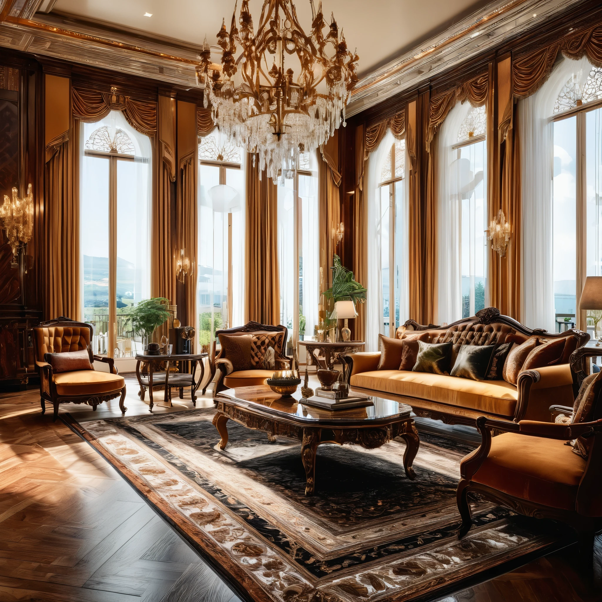 An image of a grandiose living room adorned with opulent furnishings and intricate architectural details, rendered in 8K resolution with HDR lighting and hyperrealistic textures, showcasing the epitome of luxury living.