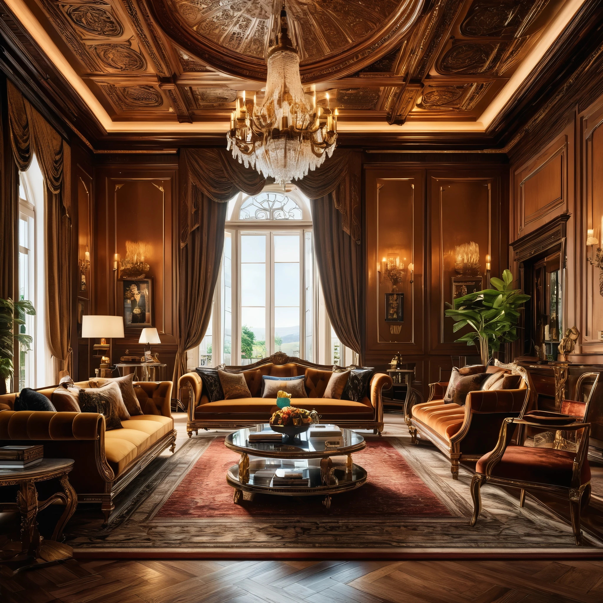 An image of a grandiose living room adorned with opulent furnishings and intricate architectural details, rendered in 8K resolution with HDR lighting and hyperrealistic textures, showcasing the epitome of luxury living.