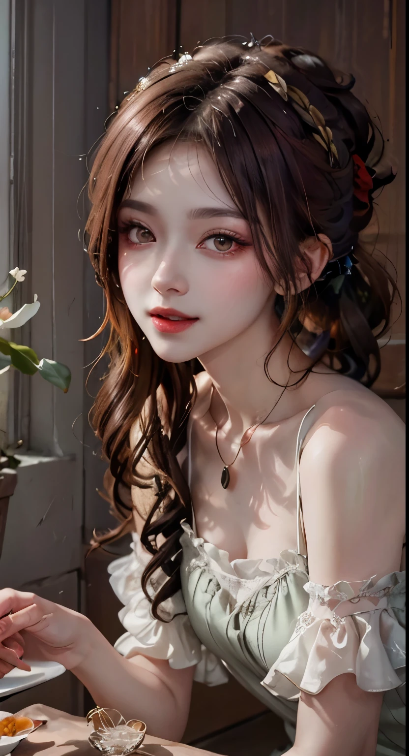 Modify hair only、Face）Light green clothes，translucent tulle，Nudity looms，Reddish-brown hair，curls，ponytail，Nice bun，Perfect hairstyle，red headdress，red eyes，red eye，red pupils，Delicate and detailed eyes，clear eyes，Red eyes，huge ，Beautiful gemstone necklace，Smile，seaside，flowers，Extremely detailed CG unified 8K wallpaper，（high dynamic range：1.4），（），（pastel colors，dim colors，soothing tones： 1.3）