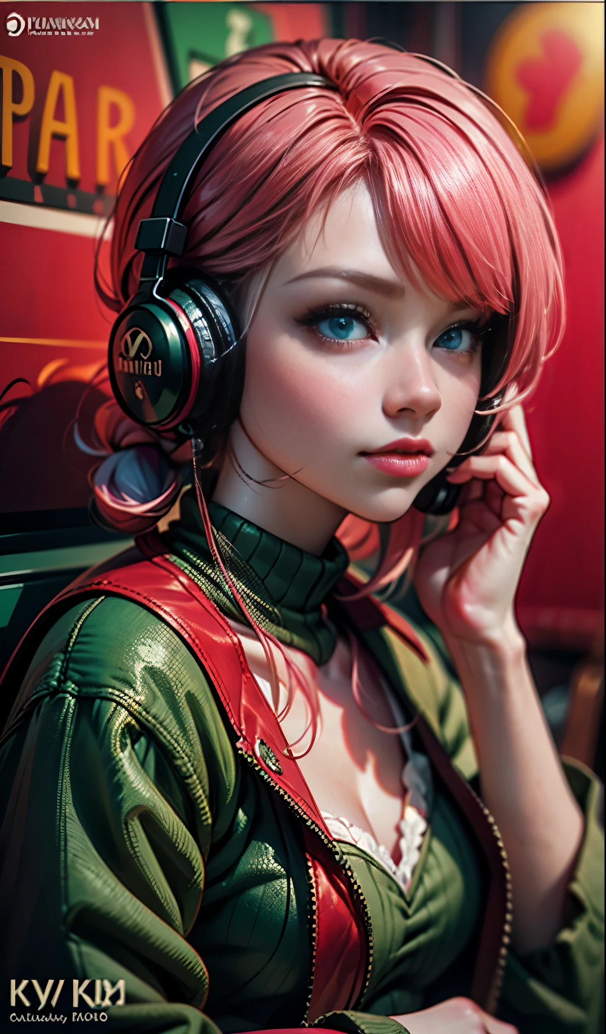 model girl wearing headphones, city background, emerald green eyes, pink hair, intricate details, aesthetically pleasing pastel colors, poster background, art by ilya kuvshinov