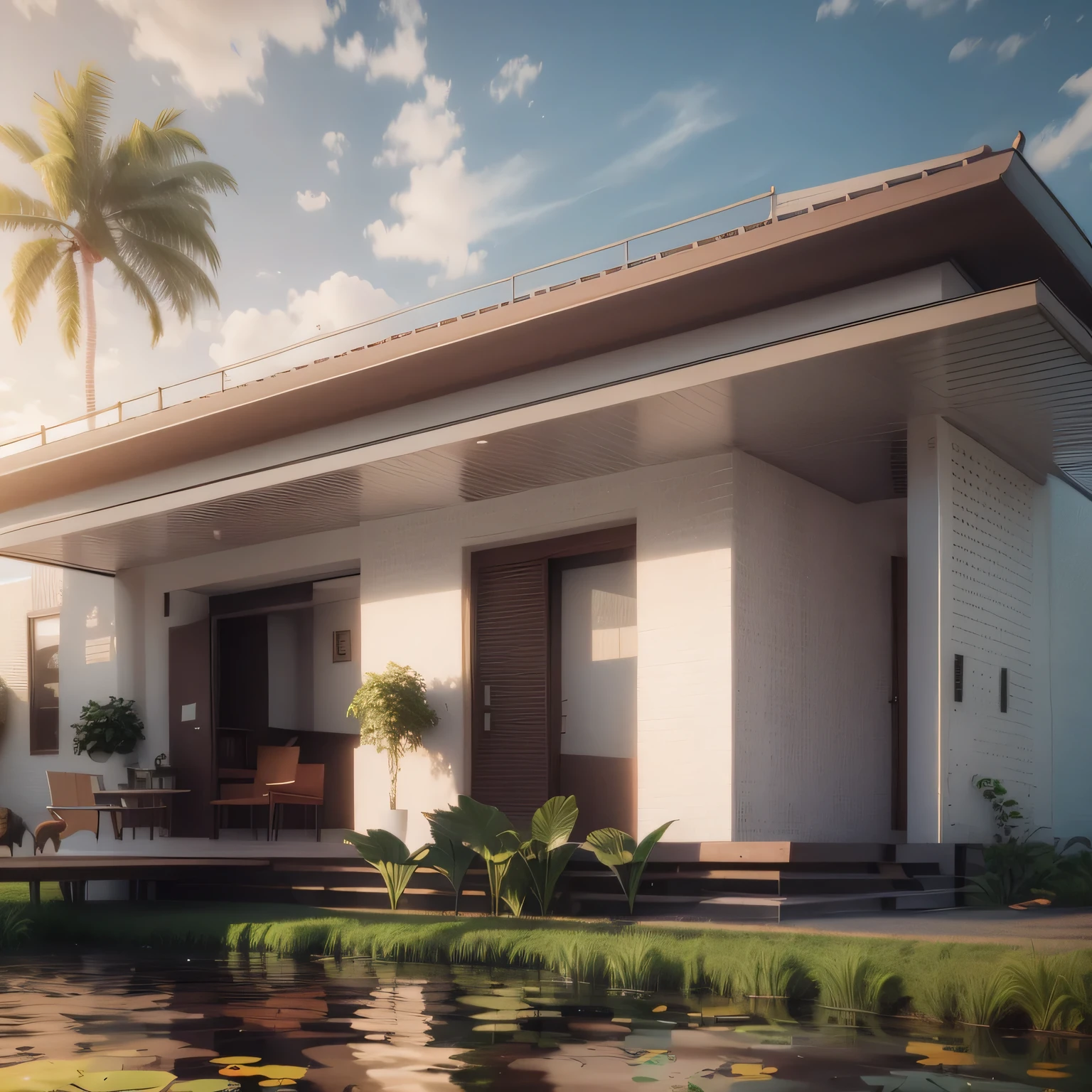 there is a small house with a pond in front of it, rendered in lumion pro, lumion render, architectural 3 d render, lumion rendering, rendered in lumion, architectural render, highly detailed render, render vray, beautifully detailed render, render in vray, 3 d vray render, fully detailed render, very detailed render, people fishing, dog and cat.