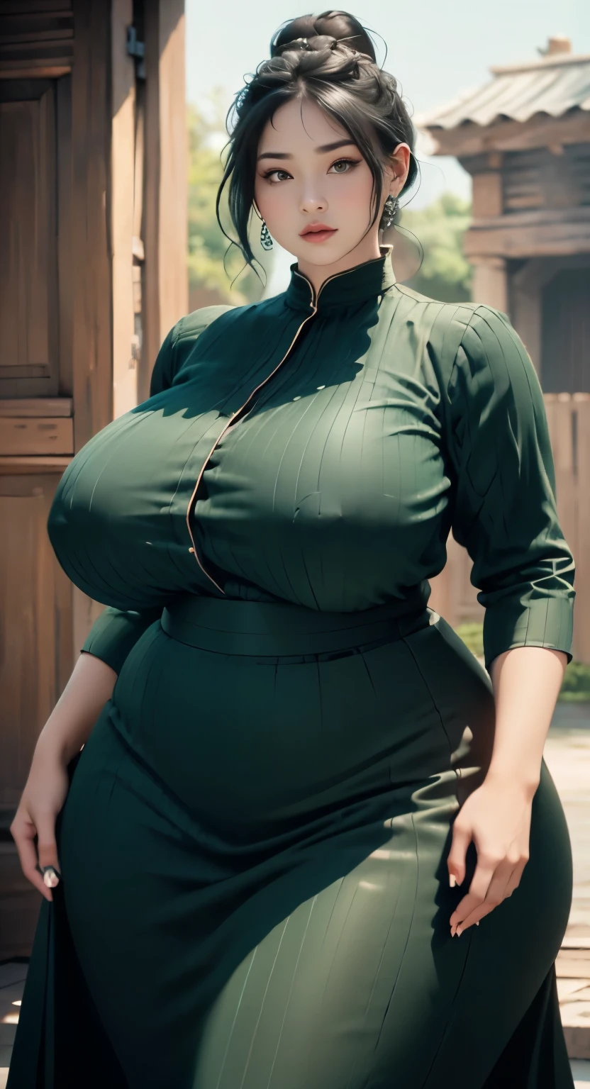 1girl, huge breast, wavy black short hair, green eyes,high quality, ultra detailed, masterpiece, realistic, gamis clothes,braid,standing, slightly fat arms , slightly fat belly , chubby cheeks