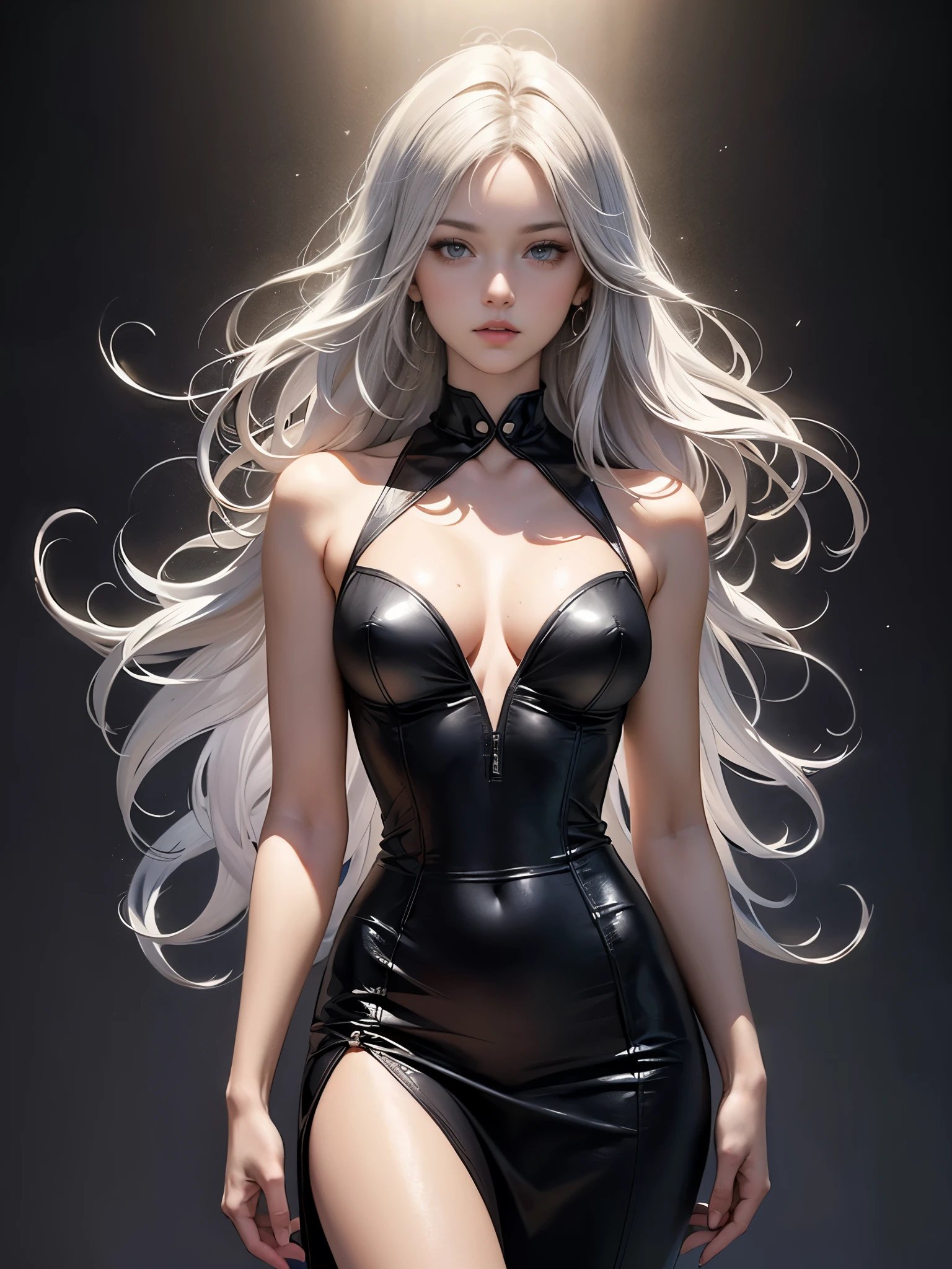 (front pin), (in the dark:1.6), Surrealist portraits of women by David Hockney and Alphonse Mucha, fantasy art, photo-realistic, dynamic lighting, art station, poster, volume lighting, highly detailed face, 4k, Award history, 1 girl, in the dark, deep shadow, discreet key, cowboy shot, (official attire:1.4), long hair, gray hair、（anatomically correct）、（perfect body proportions)、 ((perfect hands))、 (((perfect fingers)))、(oily skin:1.5)、