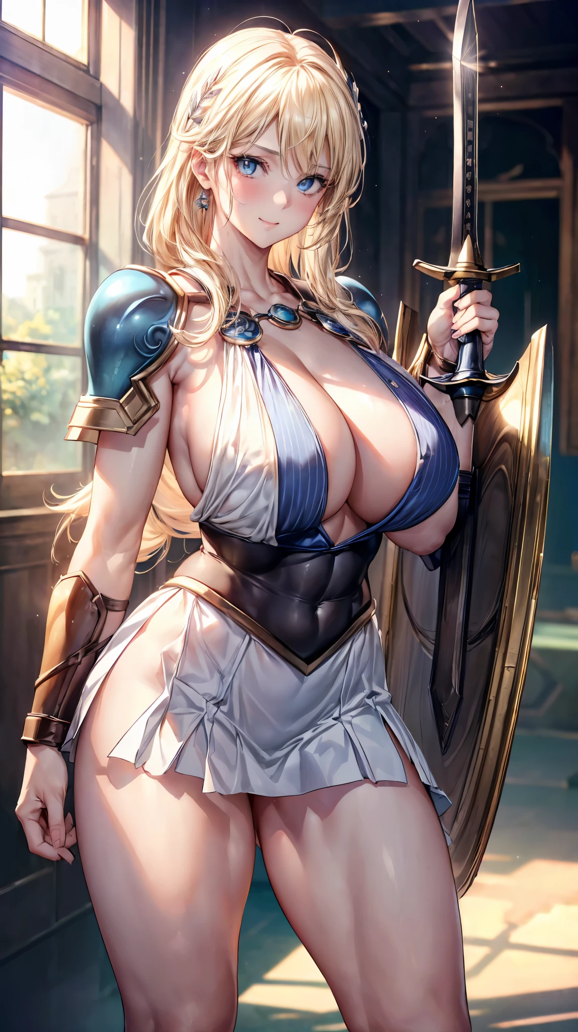 sensual, long blonde hair, thick thighs, 8K, 4k, highest quality, (High resolution:1.6), cute anime face, noise reduction, (shining blue eyes, gentle smile:1.3, kind eyes:1.3)、toned abdominal muscles, muscular arms, muscular legs,  young face, anime eyes, Sophitia Alexandra、(holding a sword in the right hand:1.5)、(Equipped with a shield on the left arm:1.5)、(SFW huge body:1.9)、(beautiful nose:1.5)、long tights、Knee-high boots、garter belt、beautiful hands、beautiful fingers、School hallway