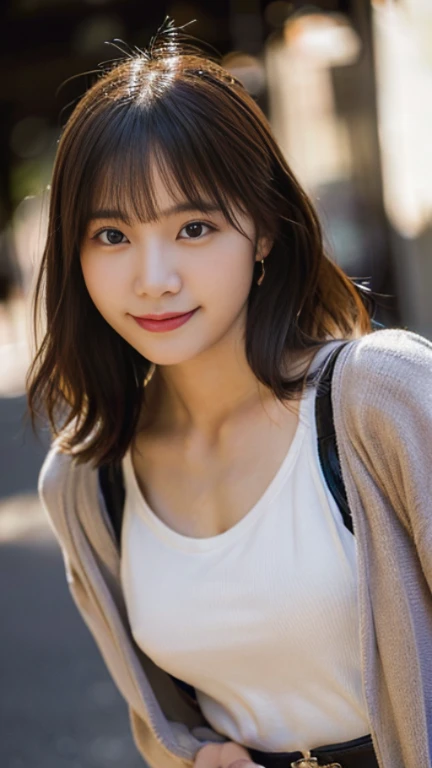 (highest quality,masterpiece:1.3,ultra high resolution),(Super detailed,caustics,8K),(realistic:1.4,RAW shooting),1 girl,(smile and look down at the camera),(front shot:1.1),(look forward),18-year-old,cute,Japanese,Black short ponytail,,glamorous,(small tits),( close),(chest focus),street,sunlight,Natural light,(Backlight),(A bright light shines from behind),(Lens flare),professional writing,(cowboy shot),(low position:1.3),(Low - Angle:1.3)