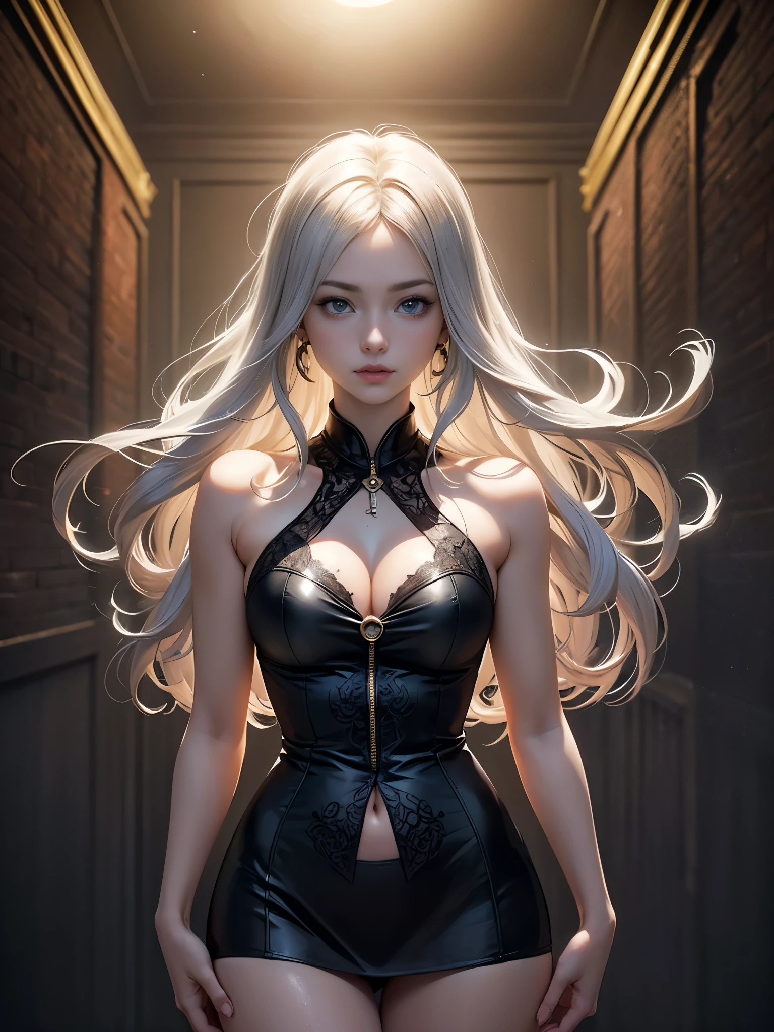 (front pin), (in the dark:1.6), Surrealist portraits of women by David Hockney and Alphonse Mucha, fantasy art, photo-realistic, dynamic lighting, art station, poster, volume lighting, highly detailed face, 4k, Award history, 1 girl, in the dark, deep shadow, discreet key, cowboy shot, (official attire:1.4), long hair, gray hair、(anatomically correct)、(perfect body proportions)、 ((perfect hands))、 (((perfect fingers)))、(oily skin:1.5)、