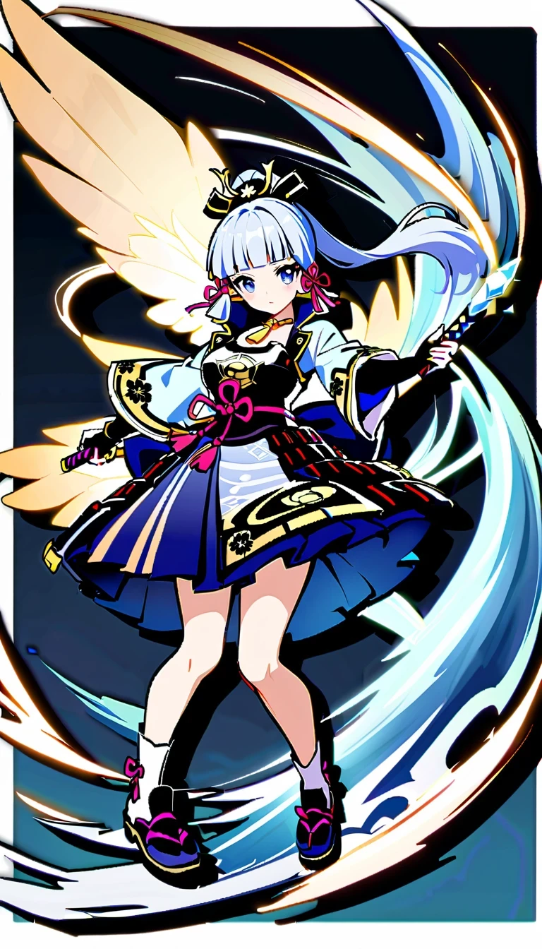 whole body, Ayaka Uesou, Genshin Impact Characters, lightning noble, swordsman, Ice element ability, Purple and white kimono, dark blue hair, Holds dual katana swords, Floating gracefully in mid-air, Japanese traditional aesthetics, naughty or mischievous expression, able to turn into wind, No background, no shadow, no reflection
